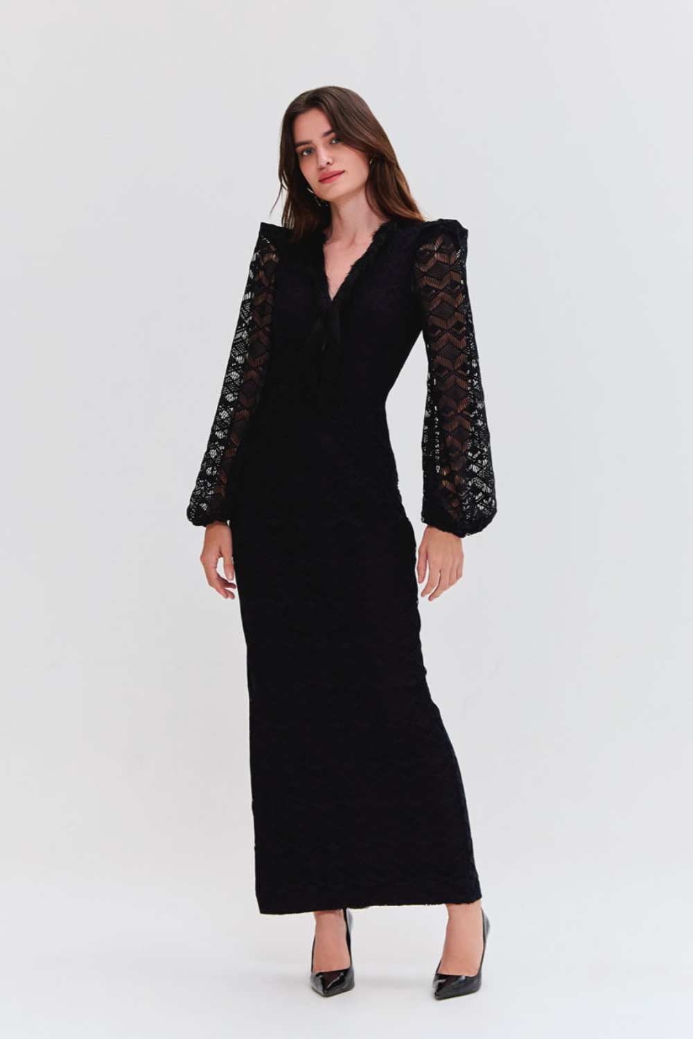 LACE DEEP V MIDI DRESS