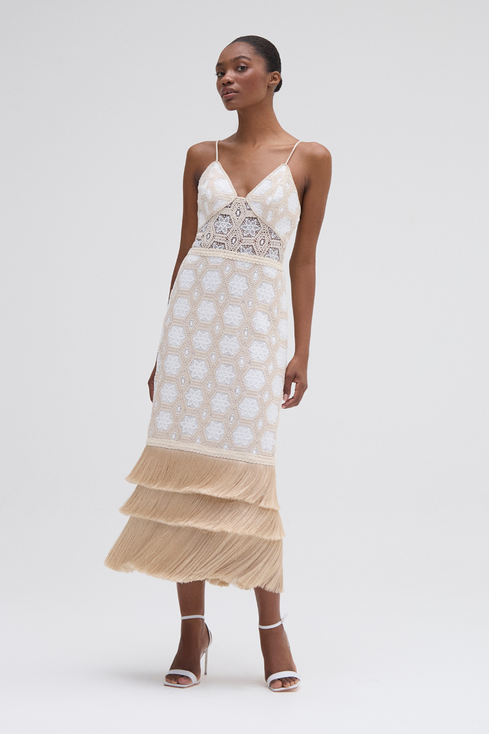 NATURAL CROCHET PLUNGE MIDI DRESS