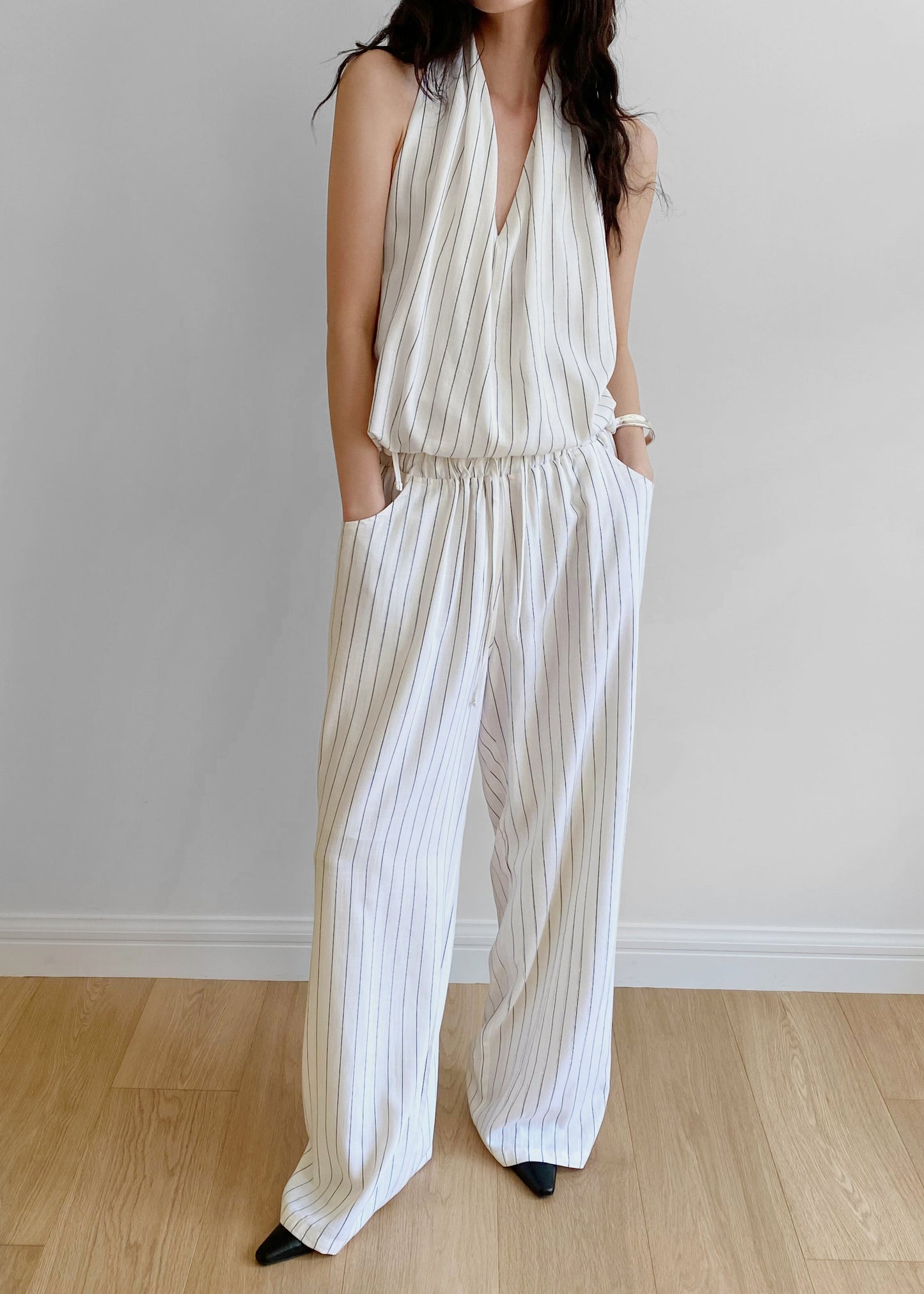 Branton Drawstring Pants - White/Black Pinstripe