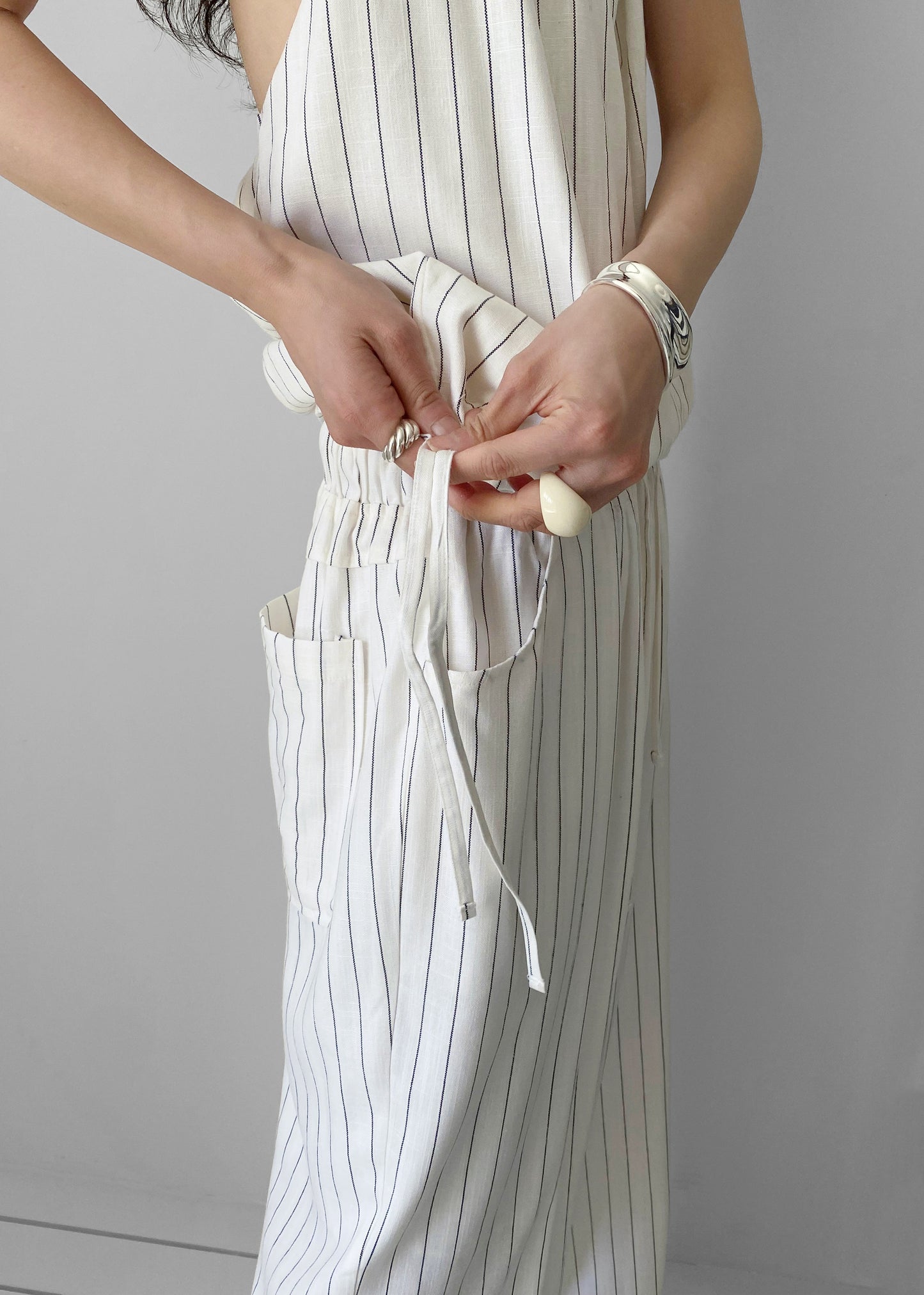Branton Drawstring Pants - White/Black Pinstripe
