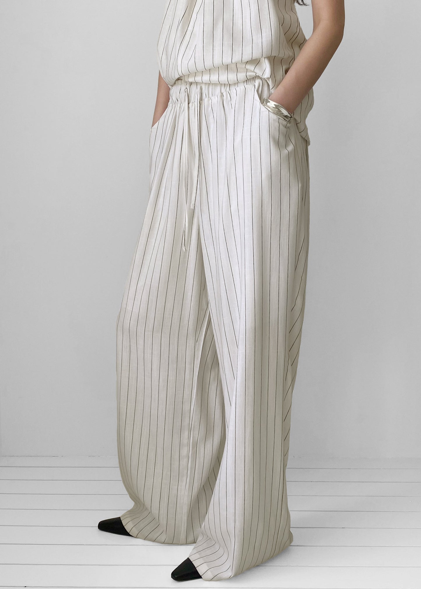 Branton Drawstring Pants - White/Black Pinstripe