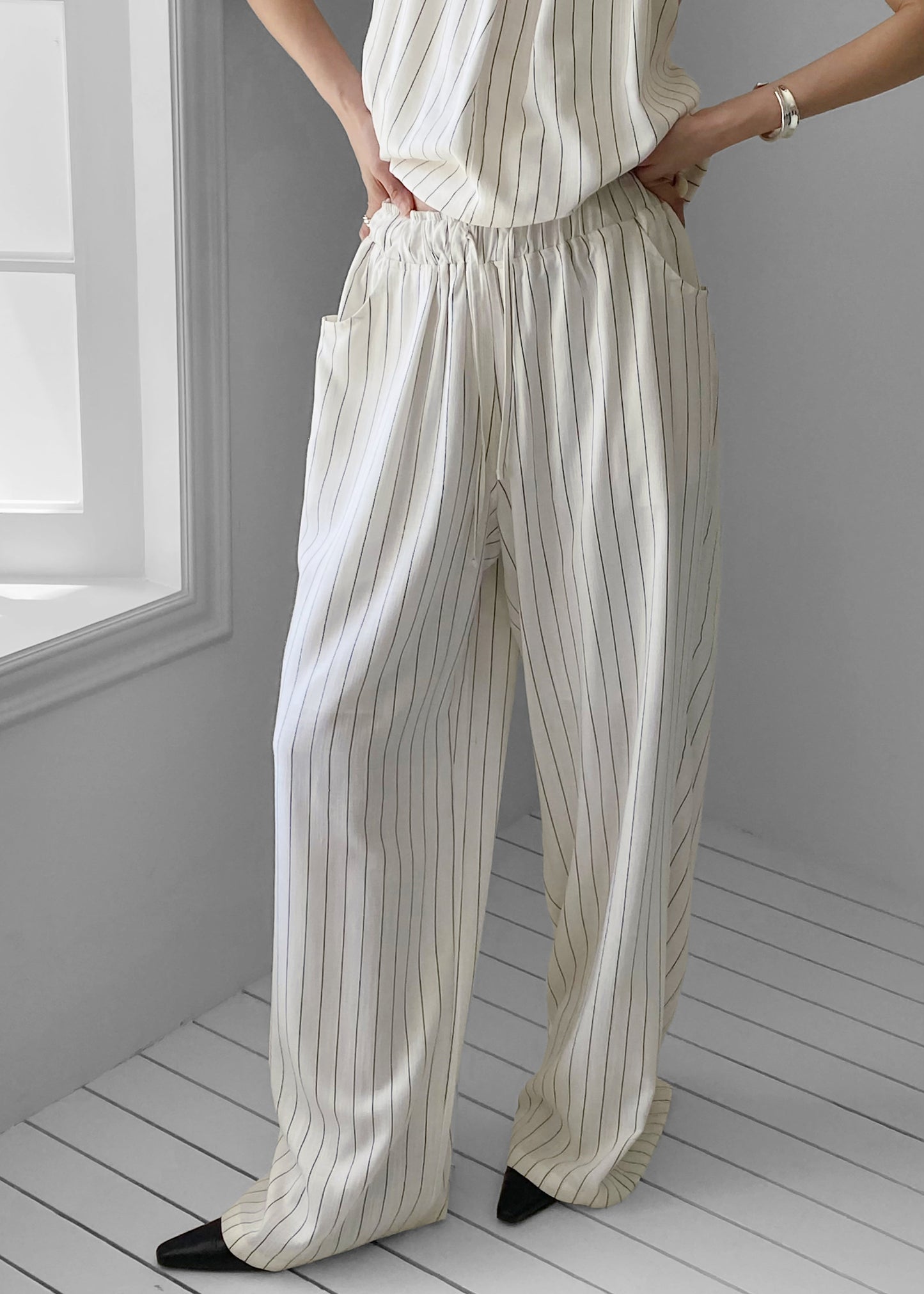 Branton Drawstring Pants - White/Black Pinstripe