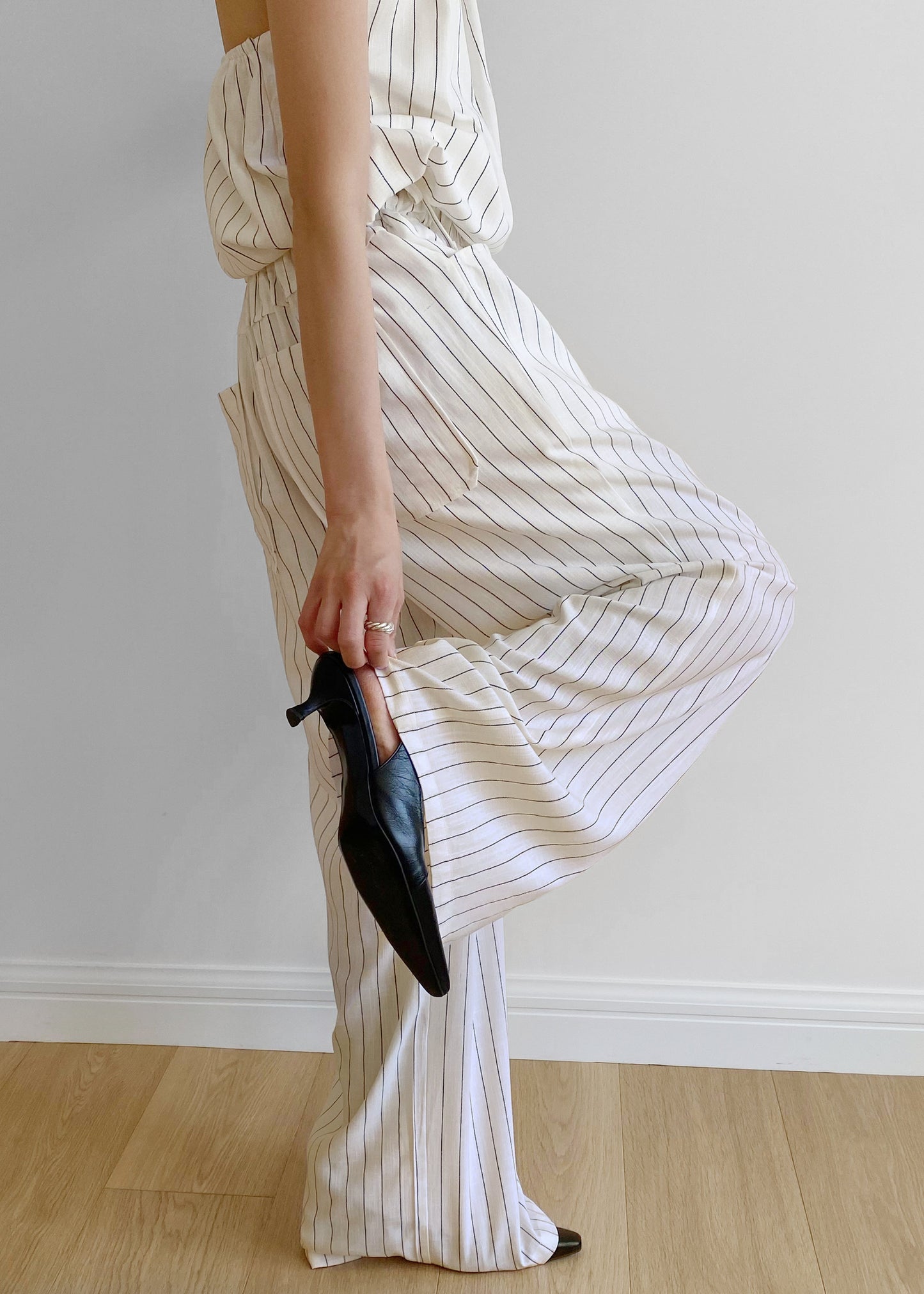 Branton Drawstring Pants - White/Black Pinstripe