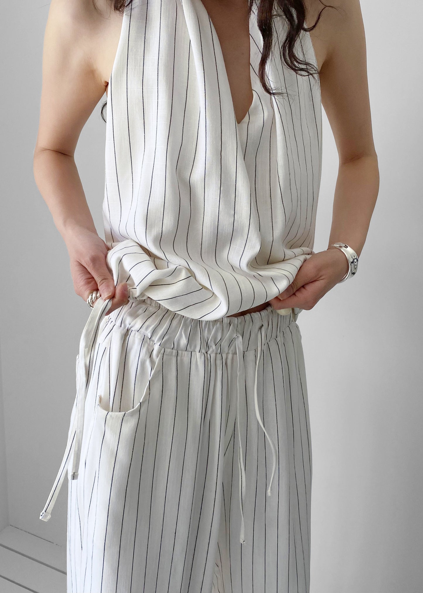 Branton Drawstring Pants - White/Black Pinstripe