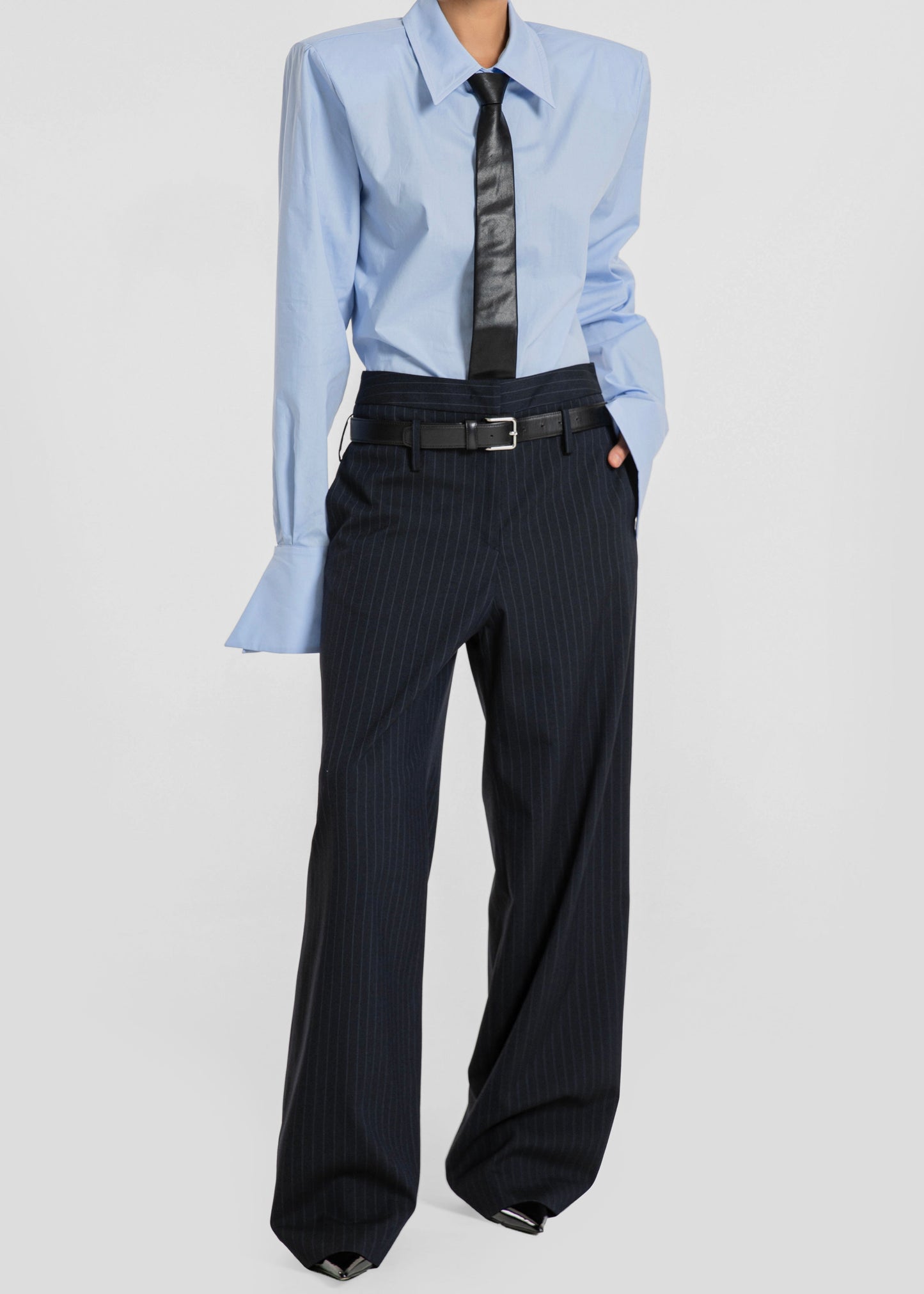 Camlez Low Belt Loop Trousers - Navy Pinstripe