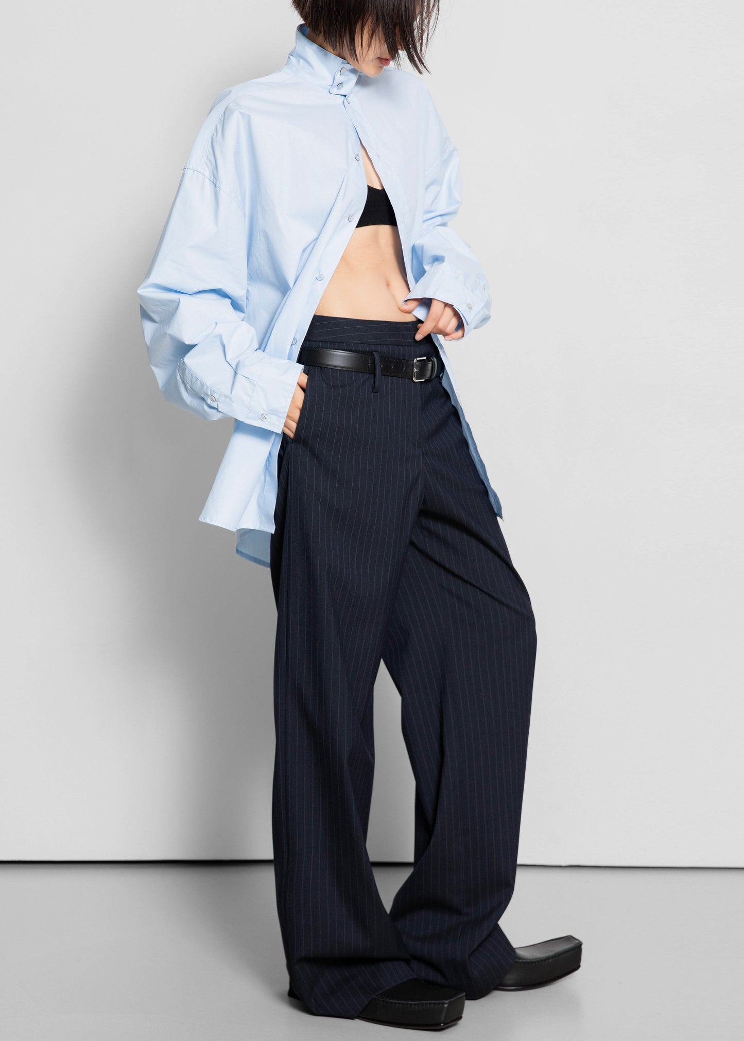 Camlez Low Belt Loop Trousers - Navy Pinstripe