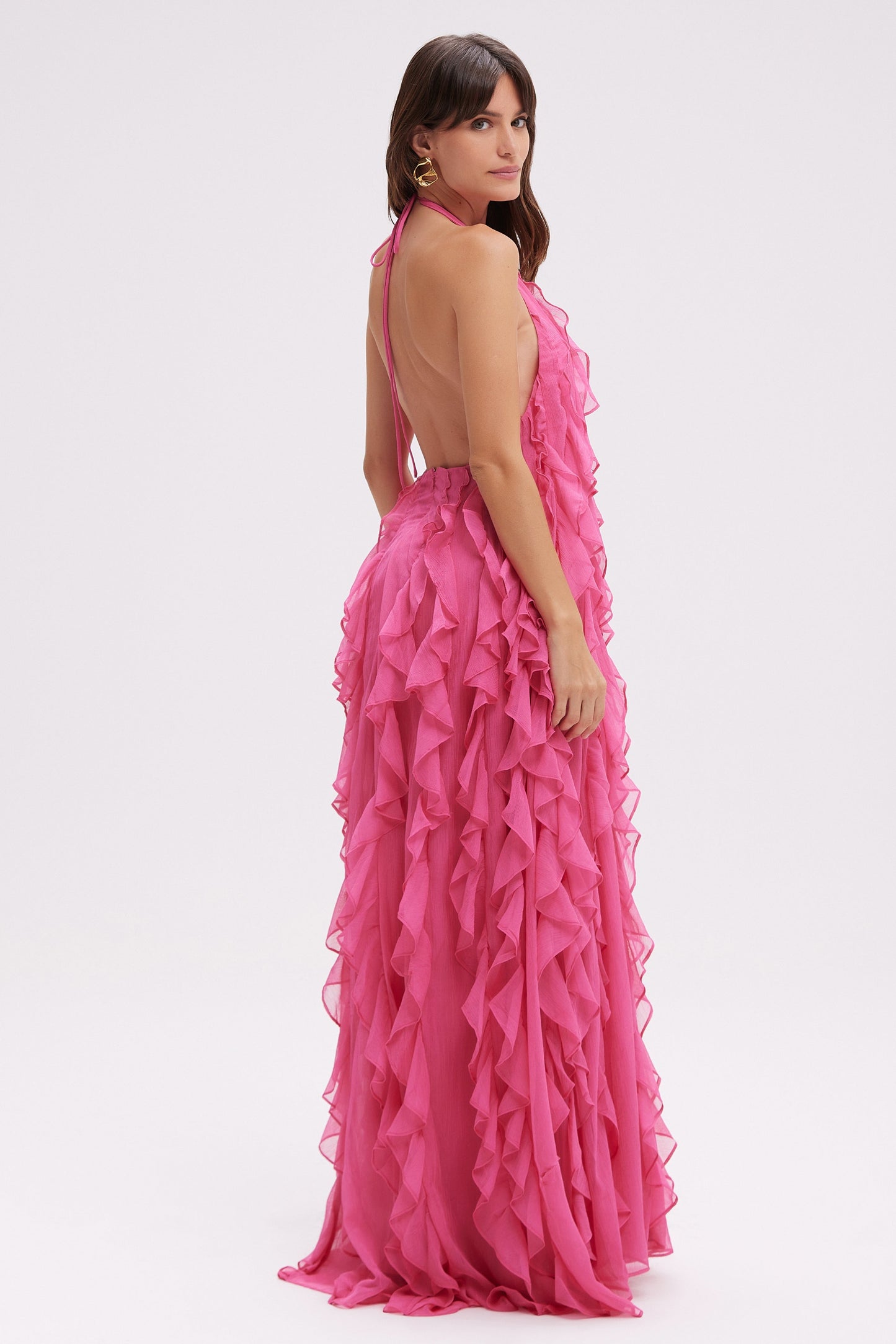 SILK PLISSE LONG DRESS HALTERNECK FLORAL COLLAR