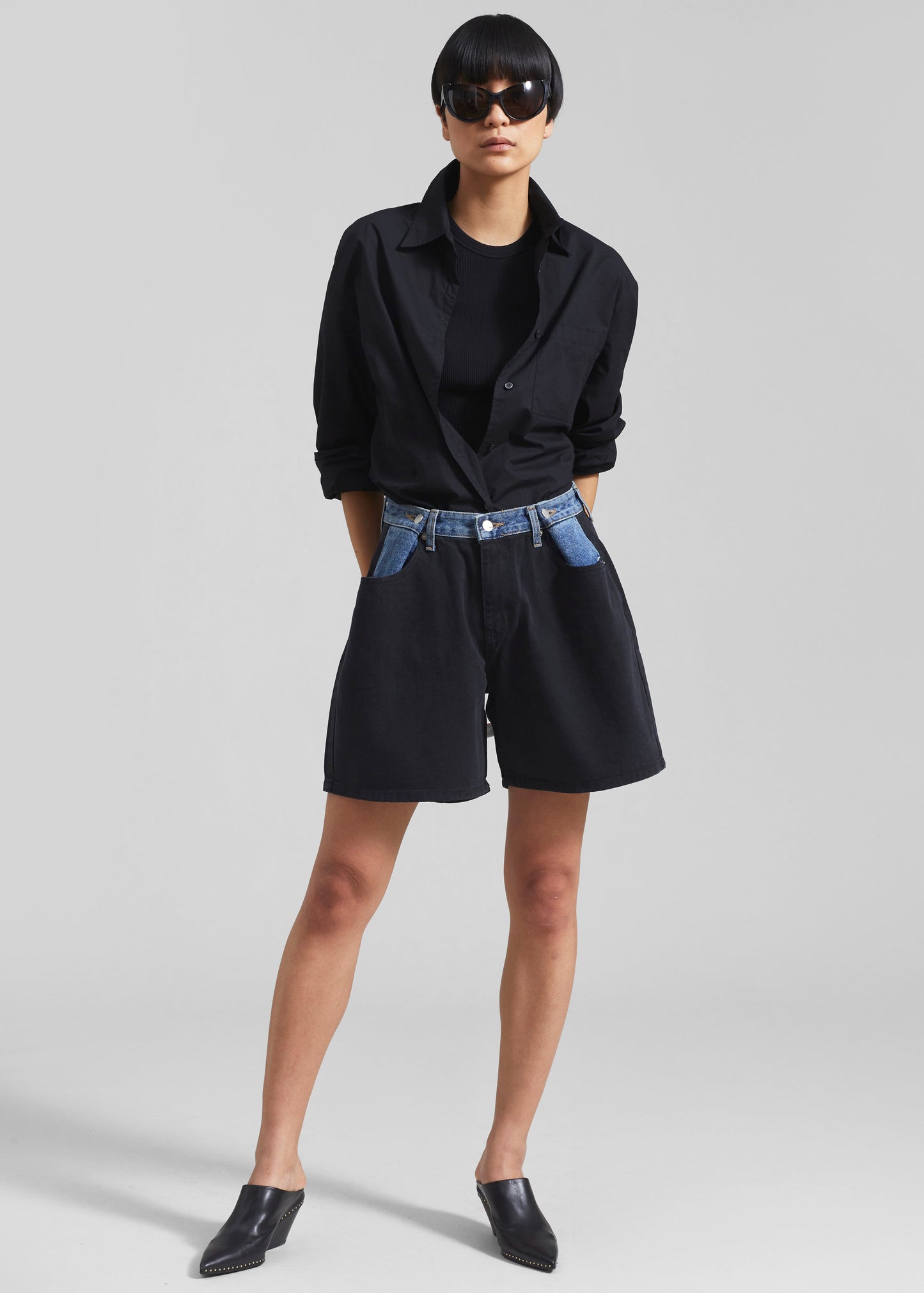 Hayla Contrast Denim Shorts - Black/Blue