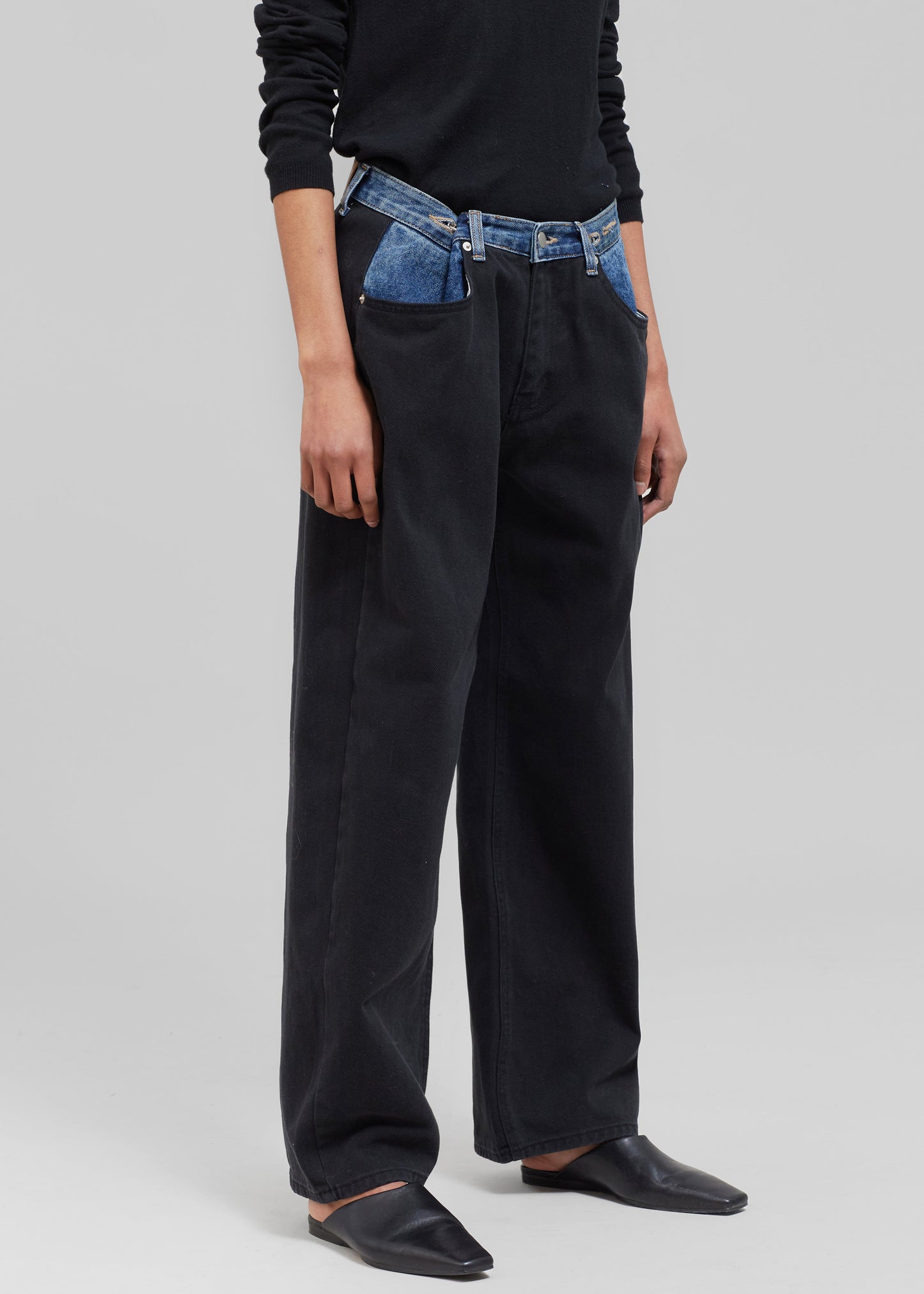 Hayla Contrast Denim Pants - Black/Blue