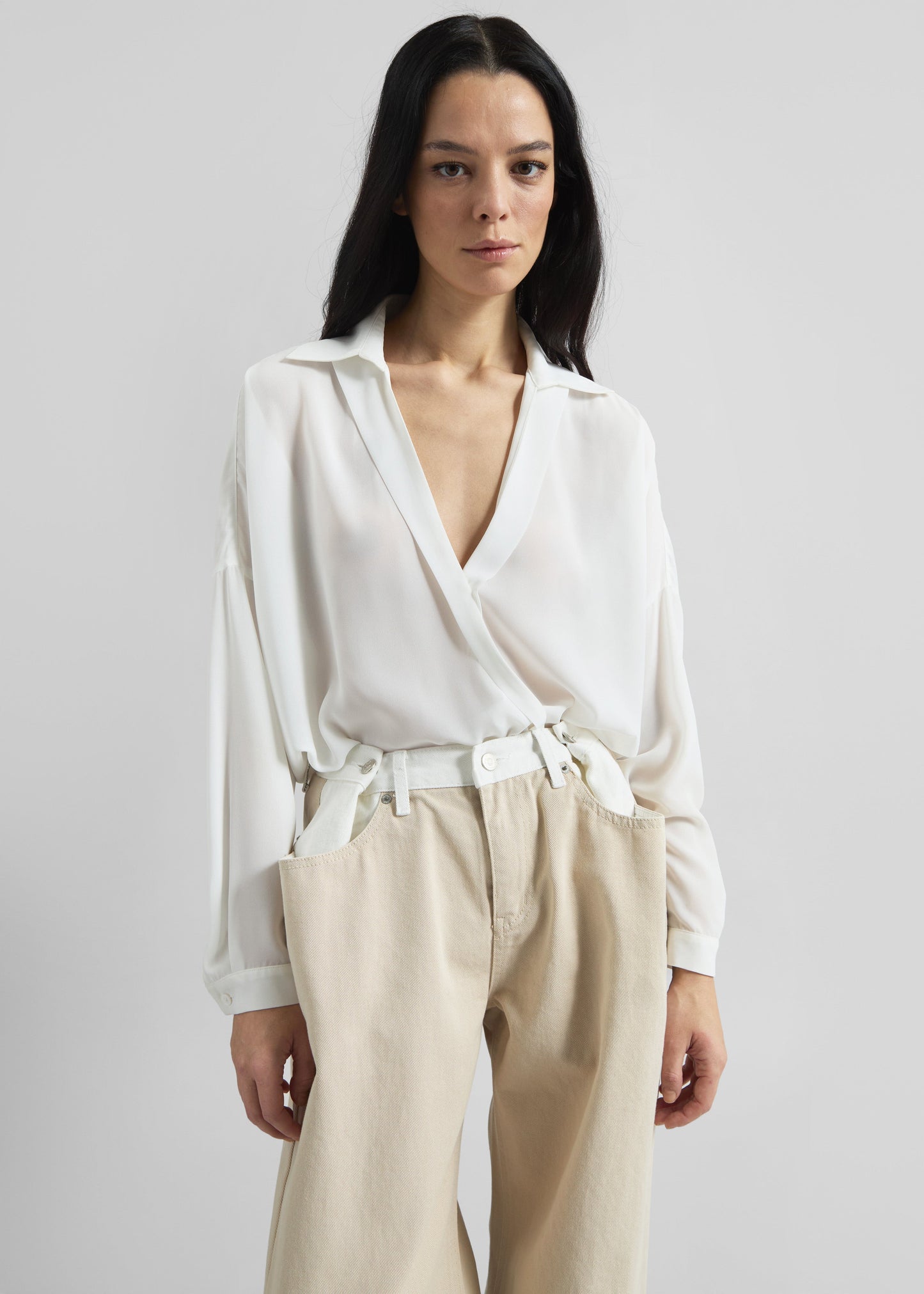 Hayla Contrast Denim Pants - Beige/Off White