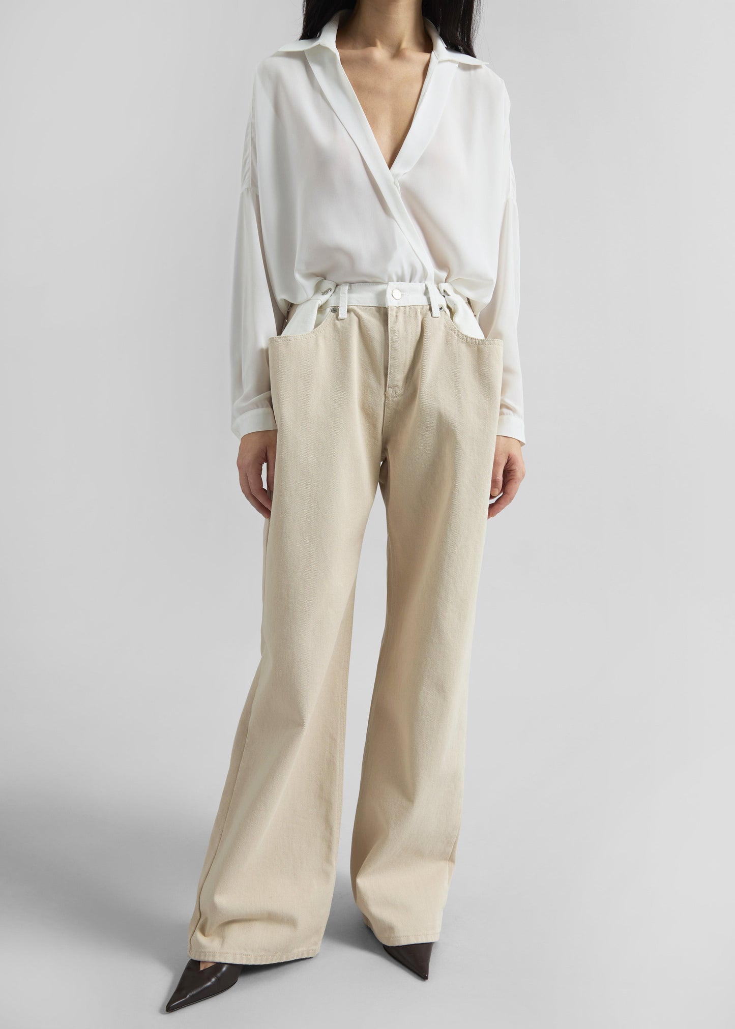 Hayla Contrast Denim Pants - Beige/Off White