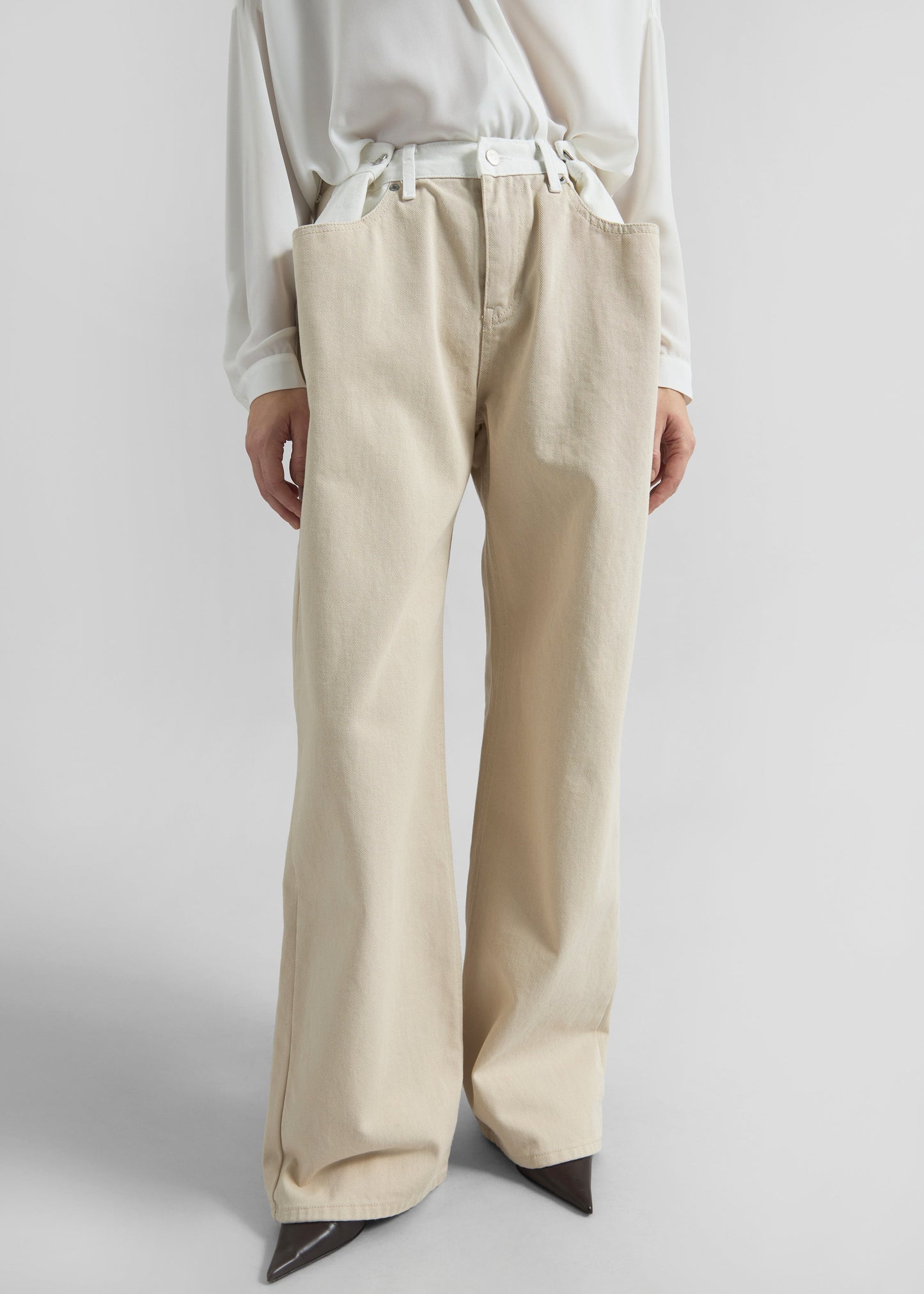 Hayla Contrast Denim Pants - Beige/Off White
