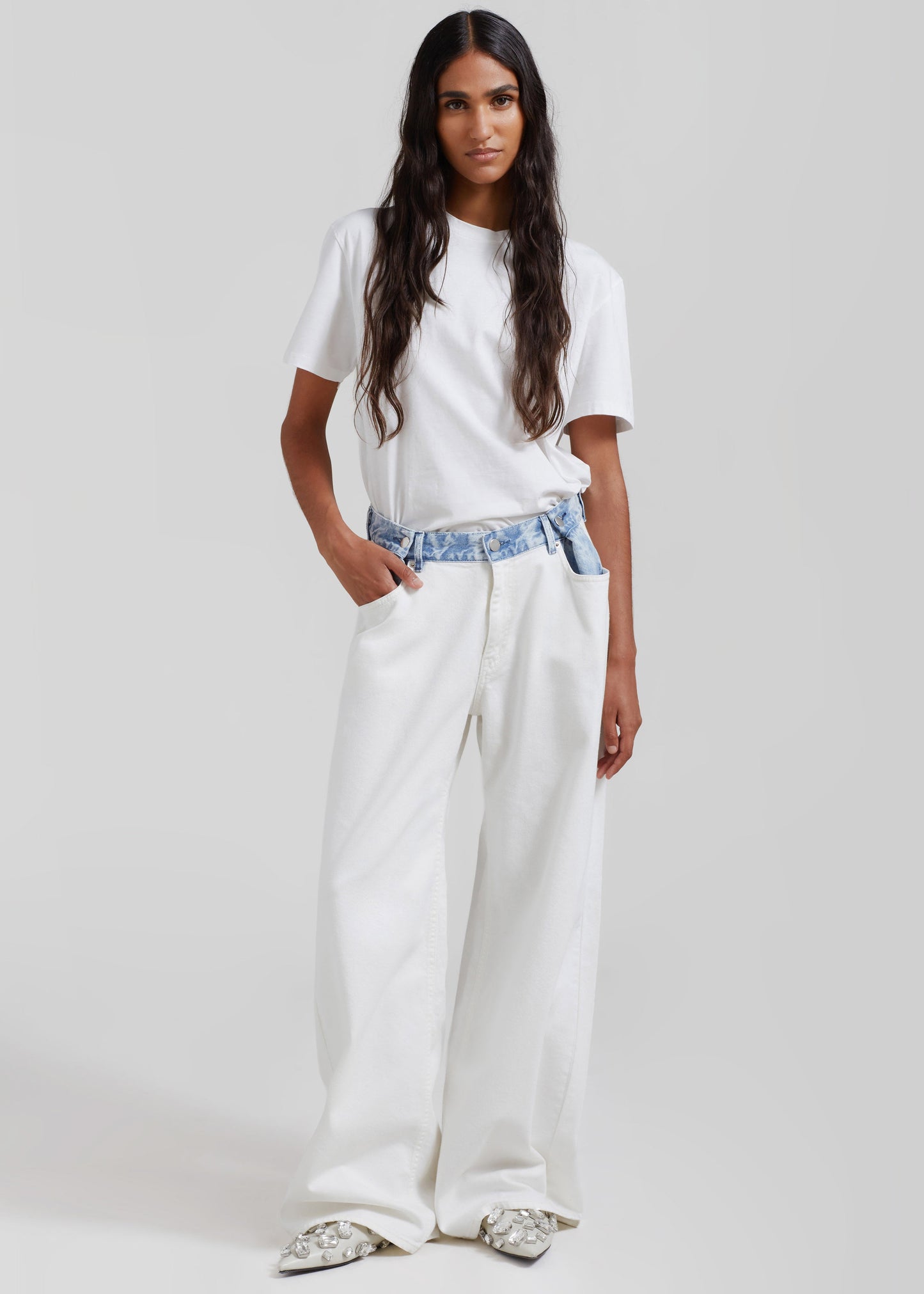Hayla Contrast Denim Pants - Off White/Blue
