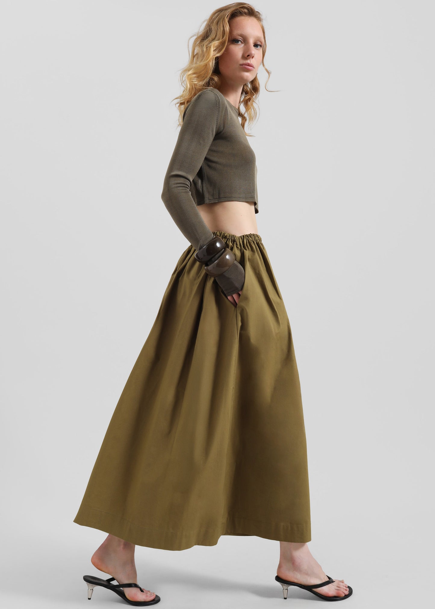 Jalev Gathered Cotton Skirt - Martini Olive