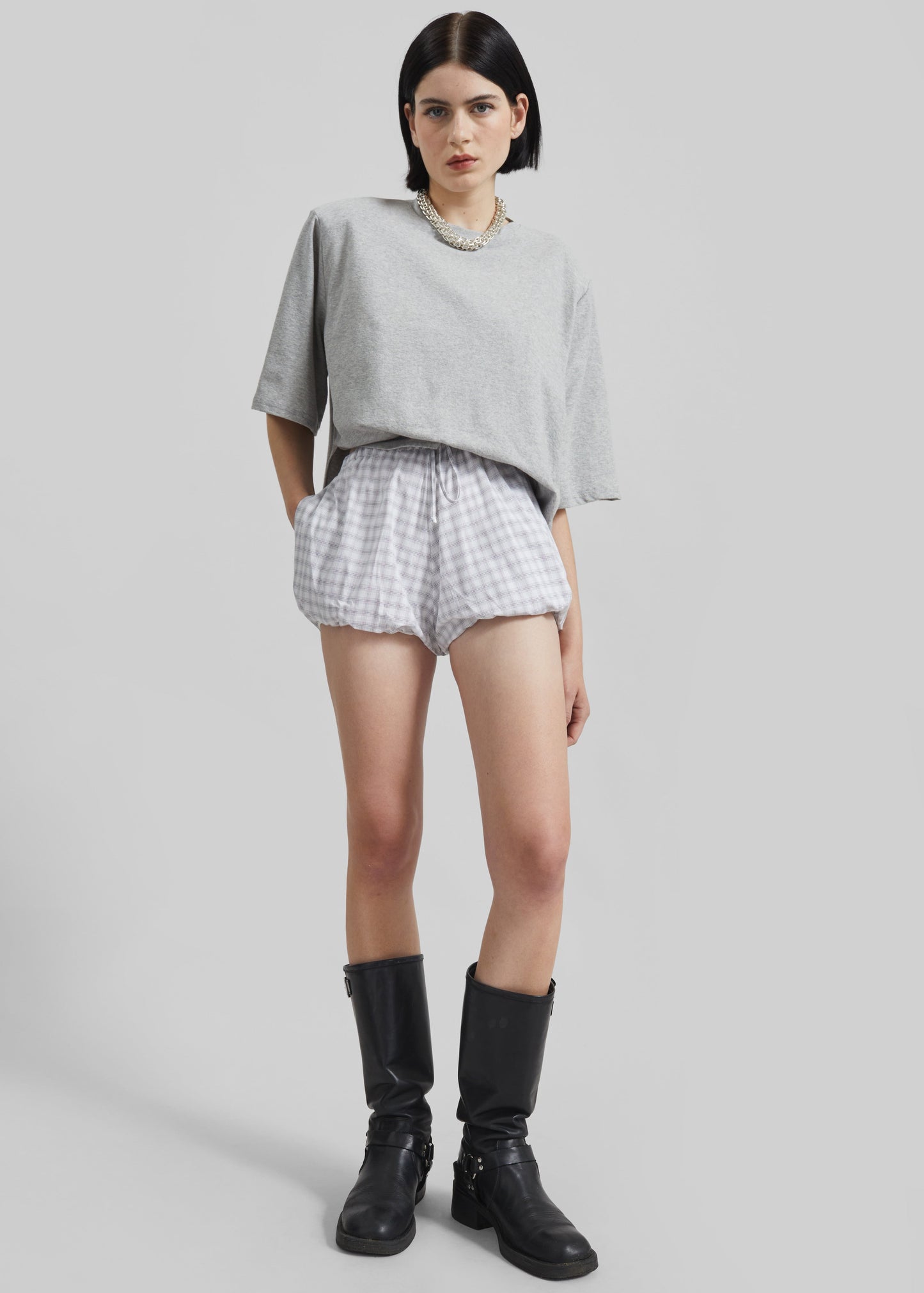 Meg Mini Balloon Shorts - Checked White