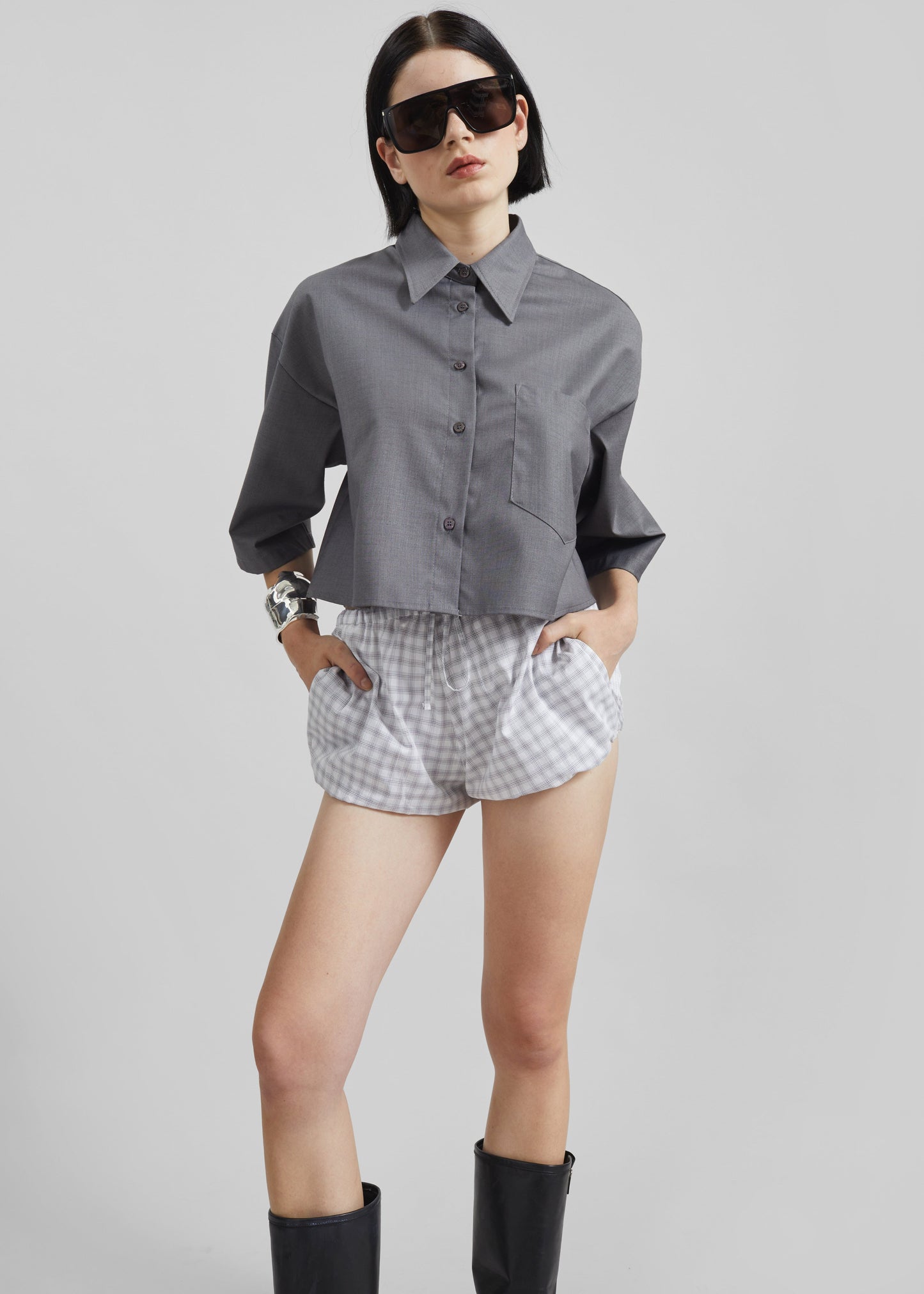 Meg Mini Balloon Shorts - Checked White