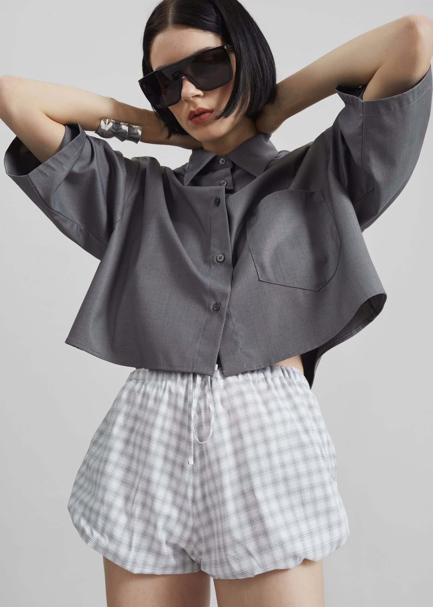 Meg Mini Balloon Shorts - Checked White