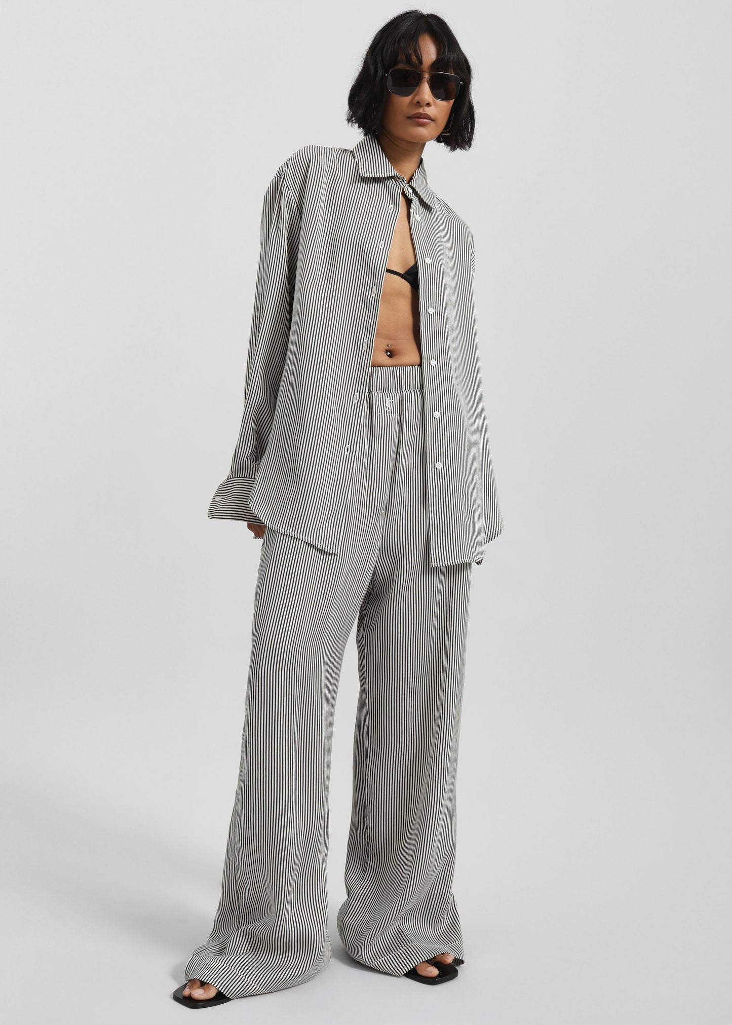 Mirca Striped Silk Elastic Pants - Black/White Stripe