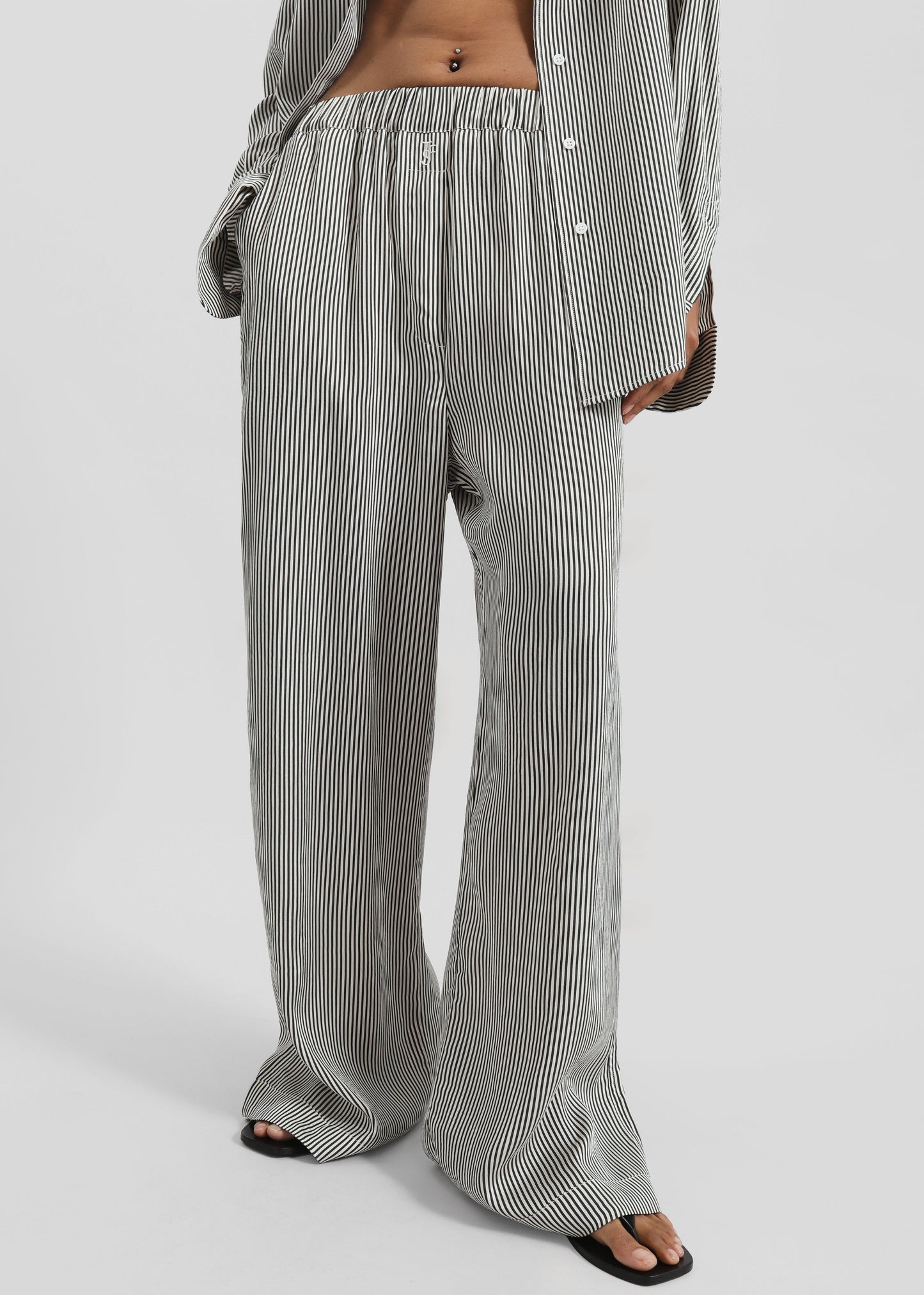 Mirca Striped Silk Elastic Pants - Black/White Stripe
