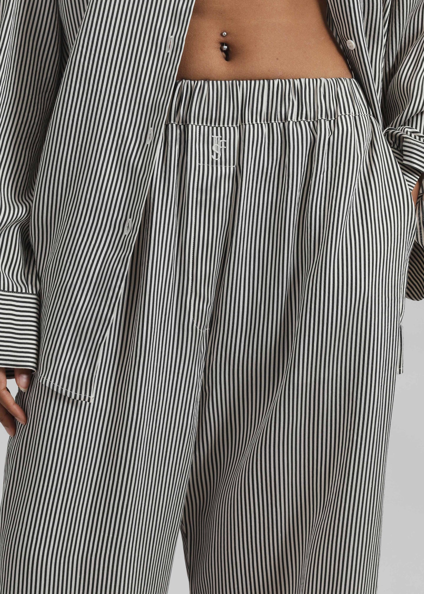 Mirca Striped Silk Elastic Pants - Black/White Stripe