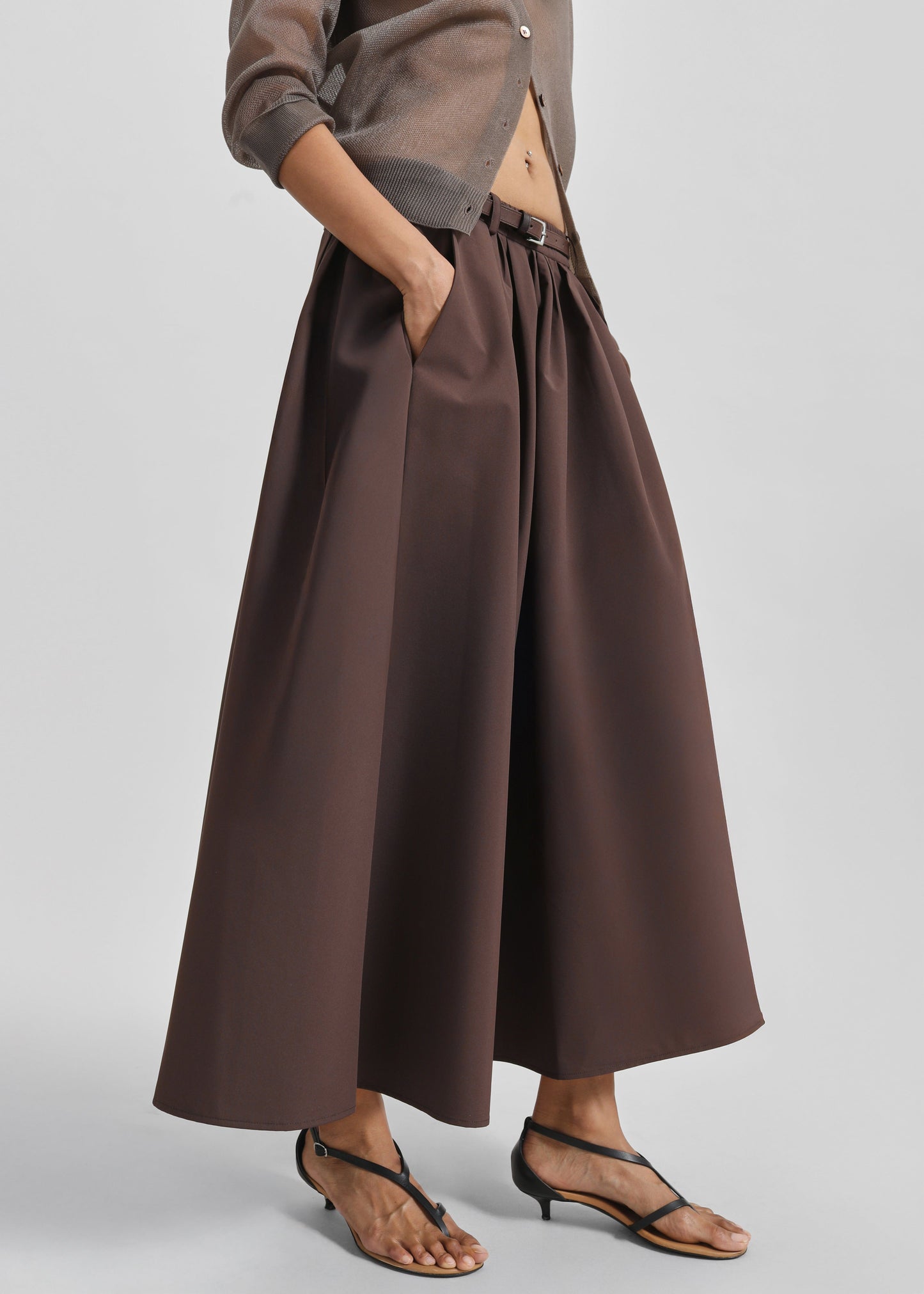 Nimes Voluminous A-Line Maxi Skirt - Brown