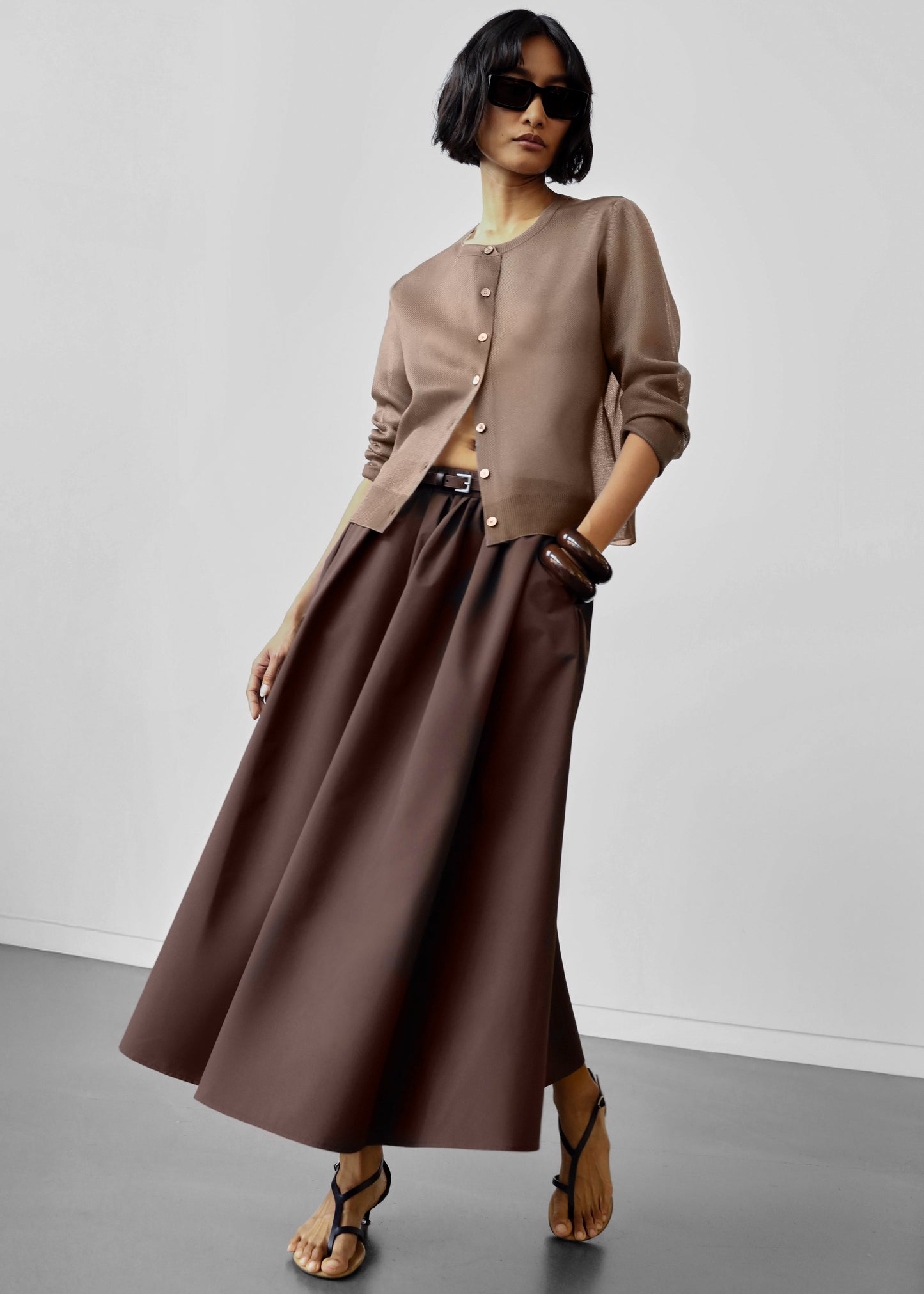 Nimes Voluminous A-Line Maxi Skirt - Brown