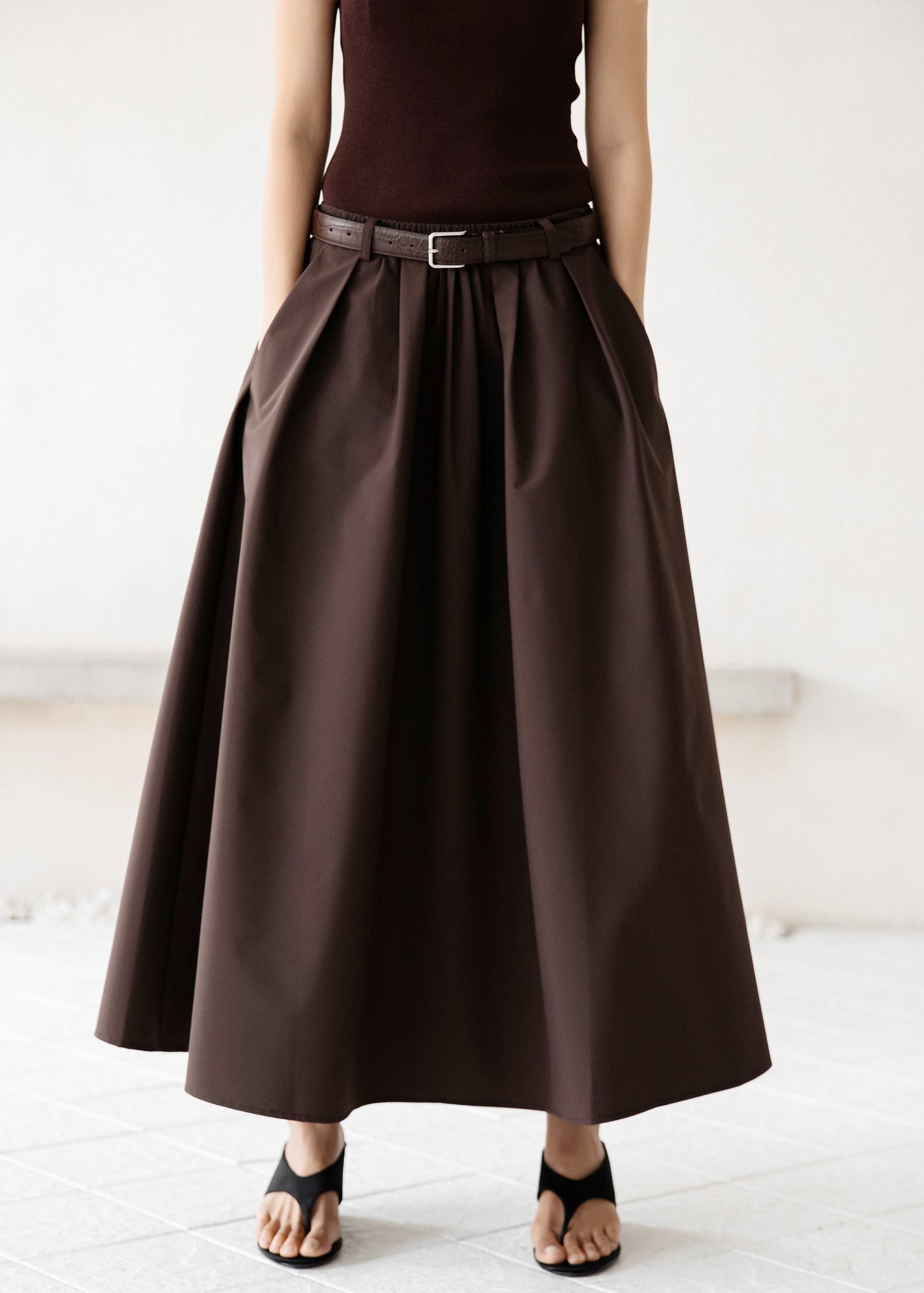 Nimes Voluminous A-Line Maxi Skirt - Brown