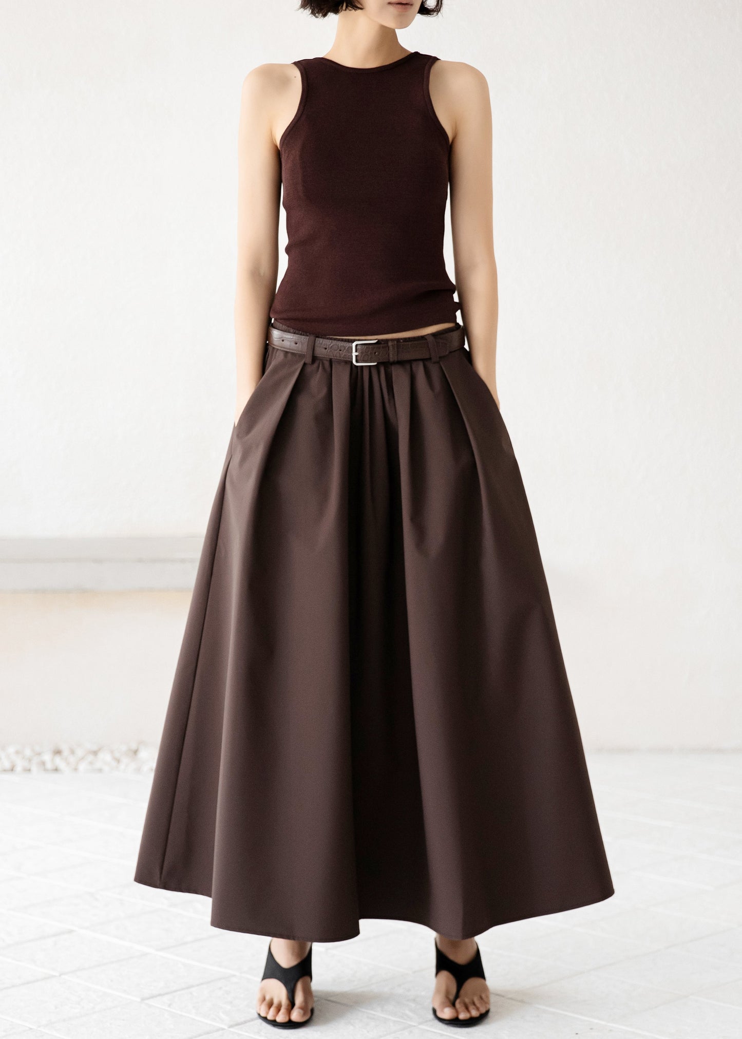 Nimes Voluminous A-Line Maxi Skirt - Brown