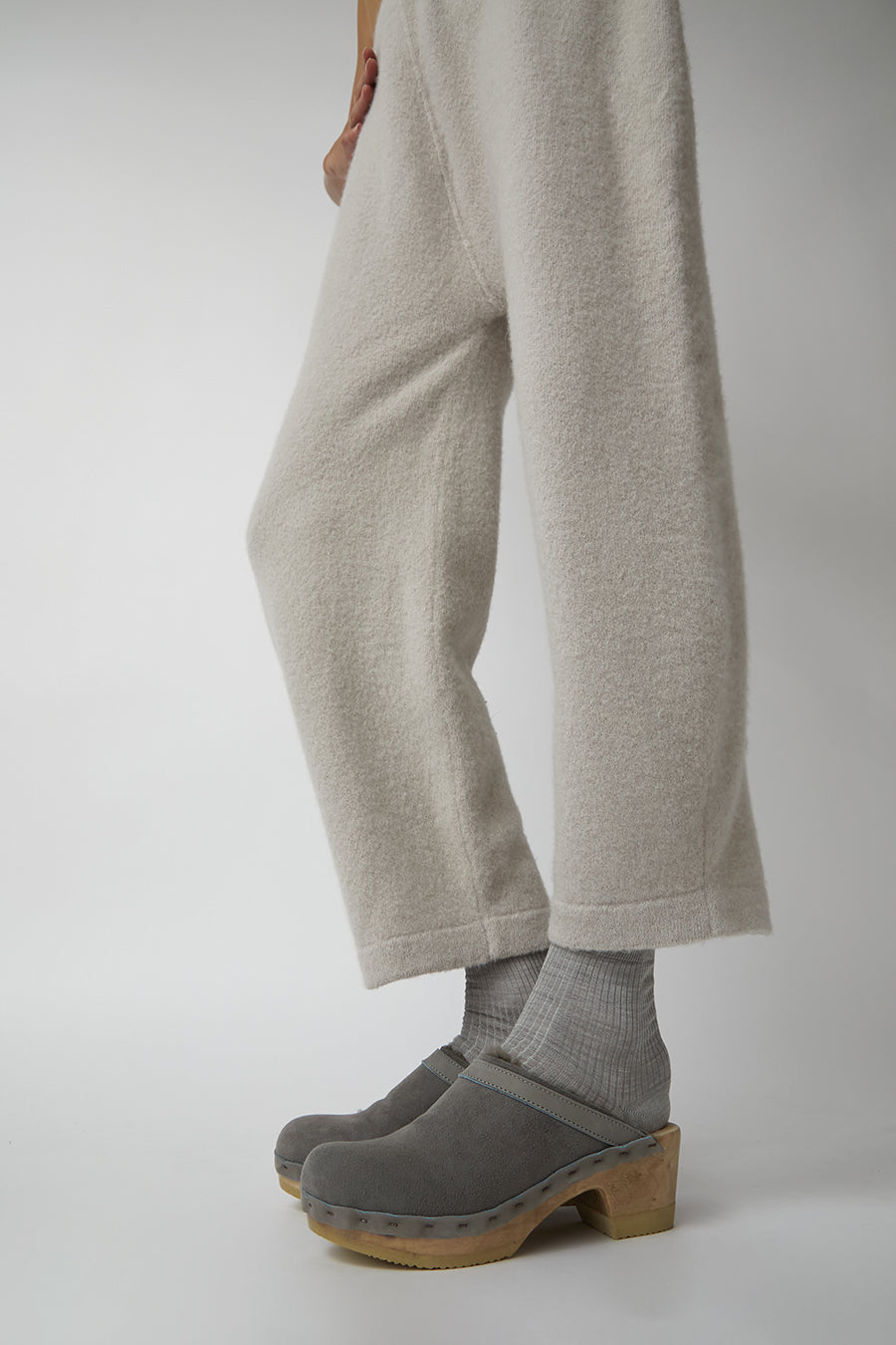 No.6 Dakota Shearling Clog on Mid Heel in Smoke Suede and Cloud