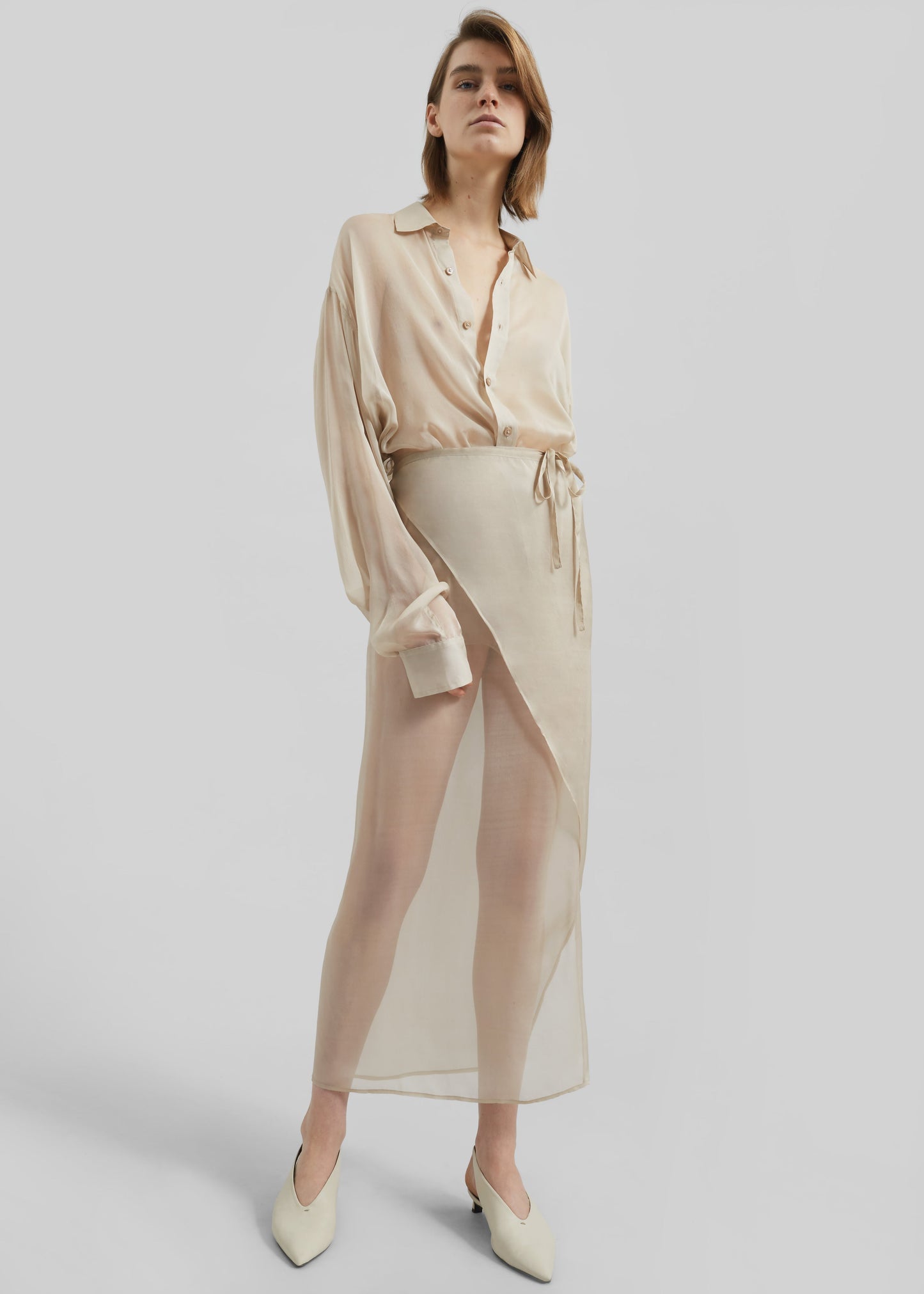 Oria Sheer Silk Chiffon Wrap Skirt - Beige