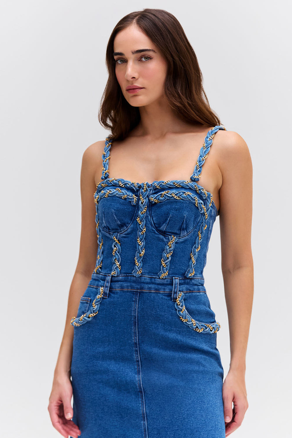 BRAIDED DENIM MIDI DRESS