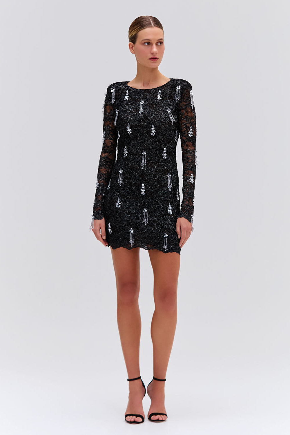 METALLIC LACE HAND BEADED MINI DRESS