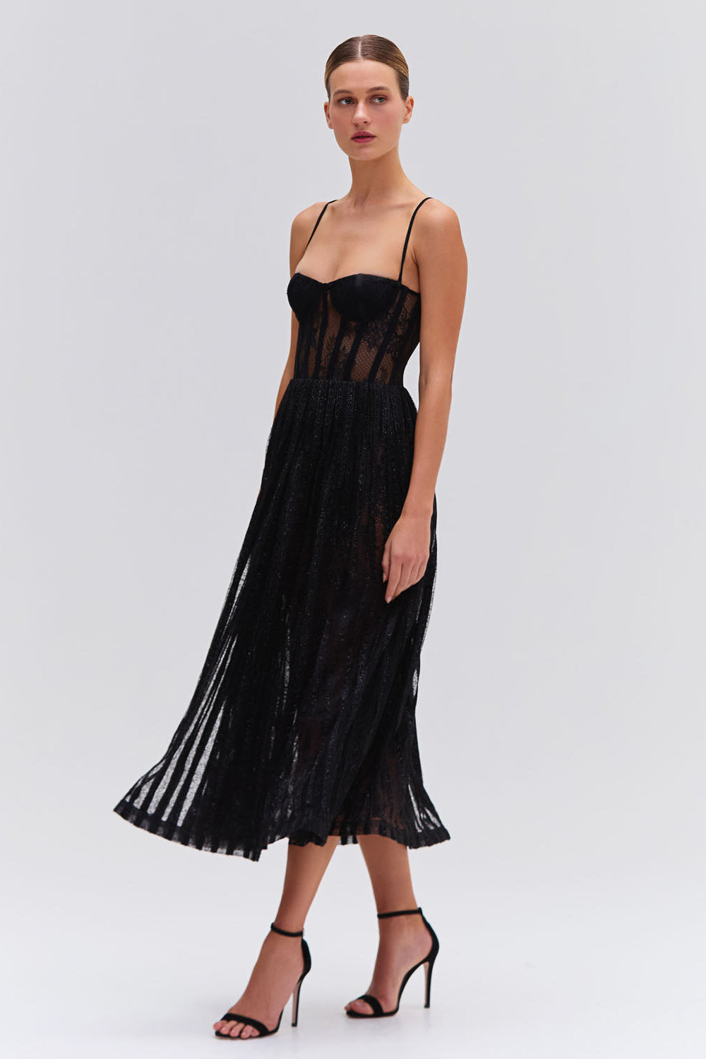 LUREX TULLE BUSTIER MIDI DRESS