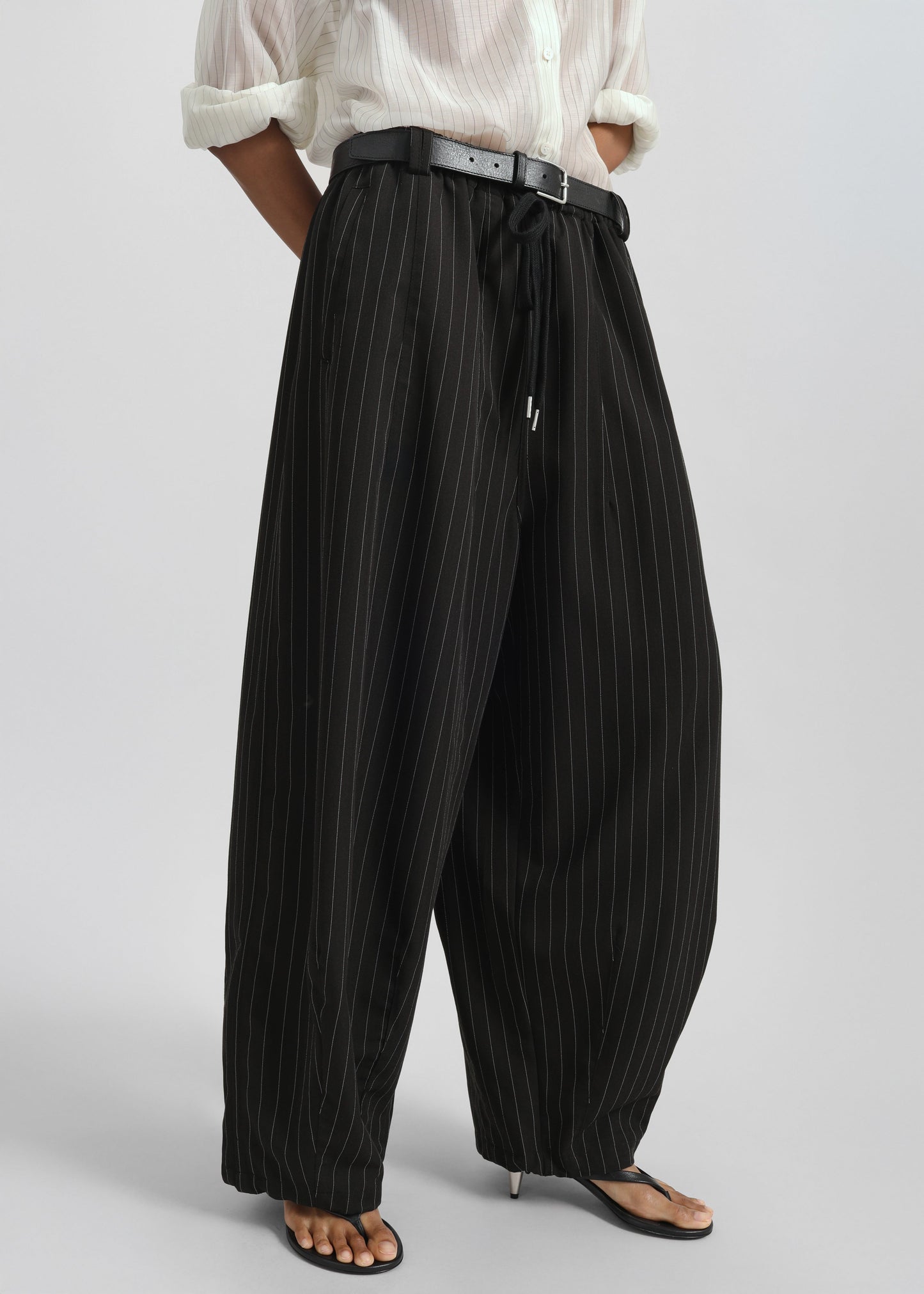 Rilton Drawstring Pants - Black/White Pinstripe