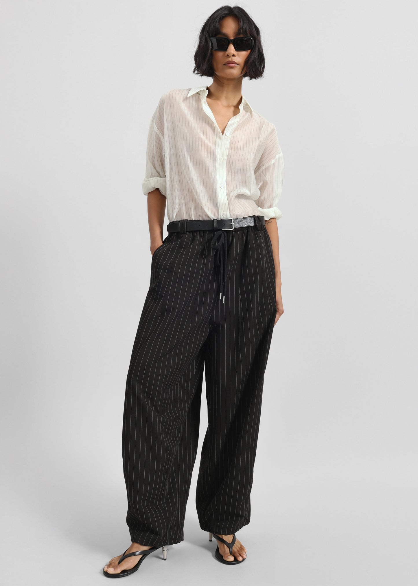 Rilton Drawstring Pants - Black/White Pinstripe
