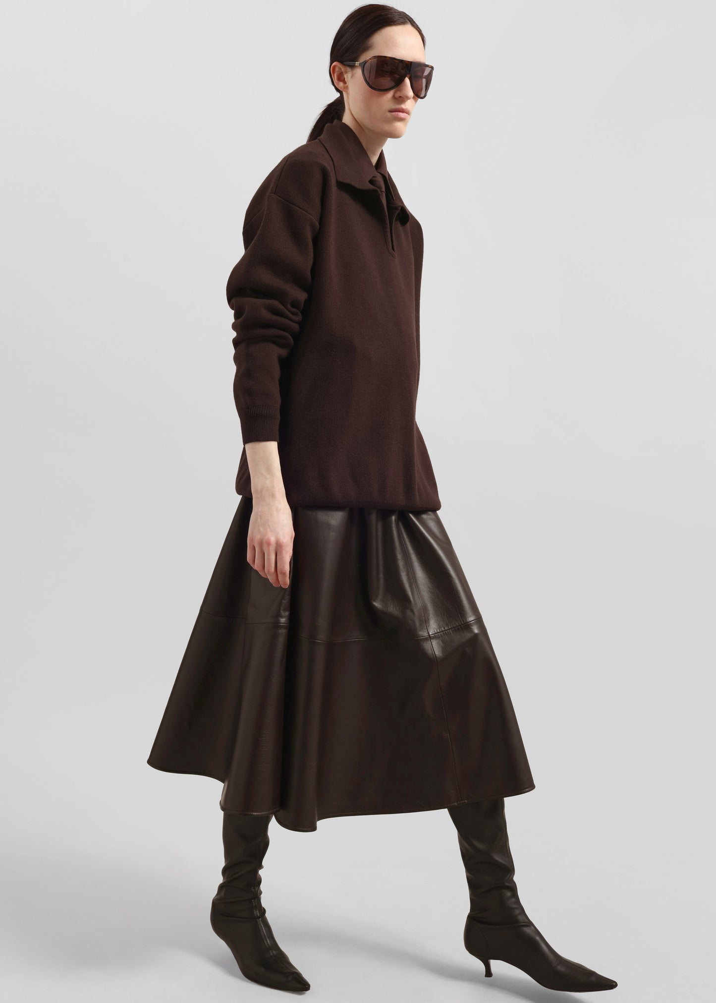 Savil Leather Midi Skirt - Dark Brown