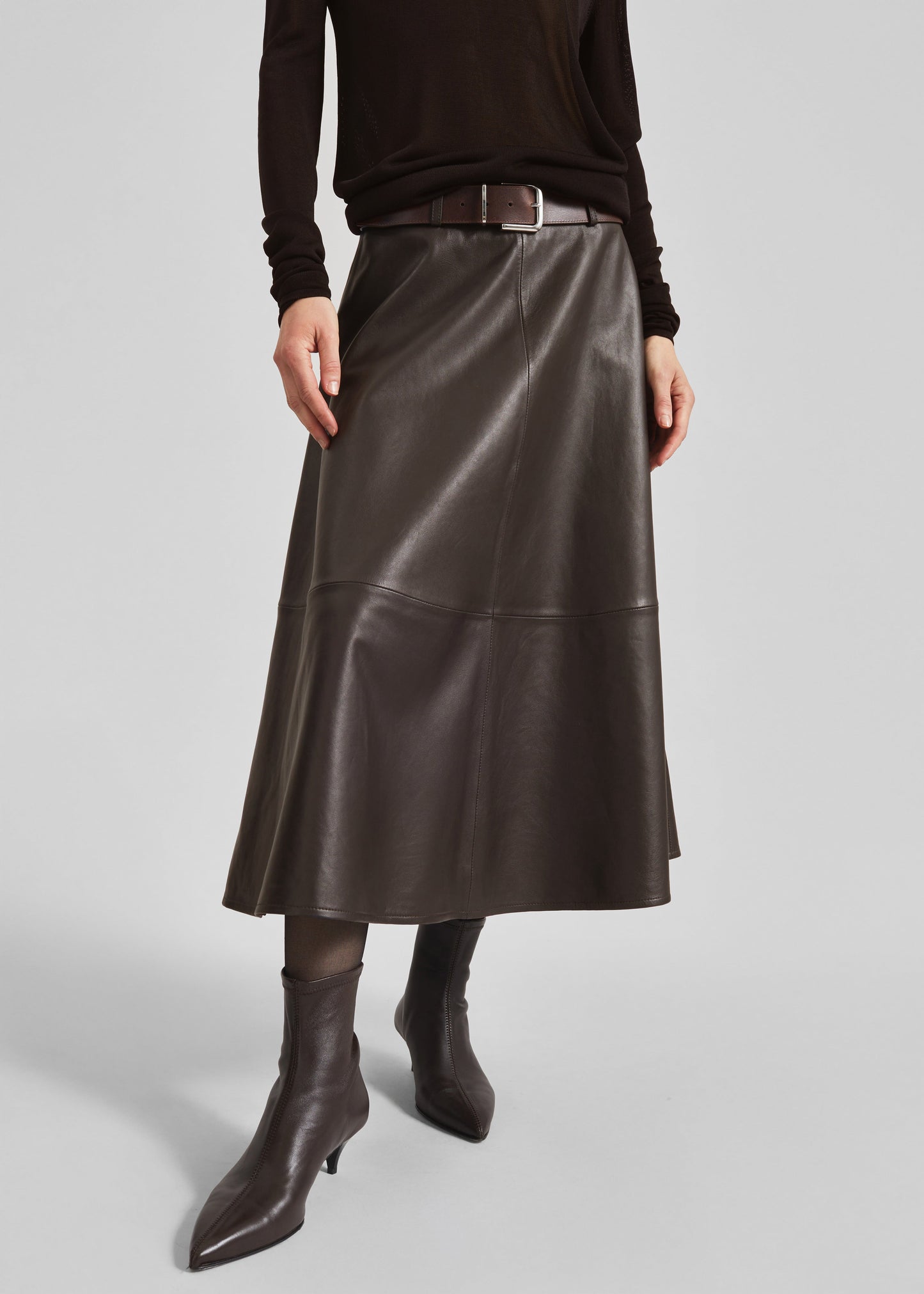 Savil Leather Midi Skirt - Dark Brown