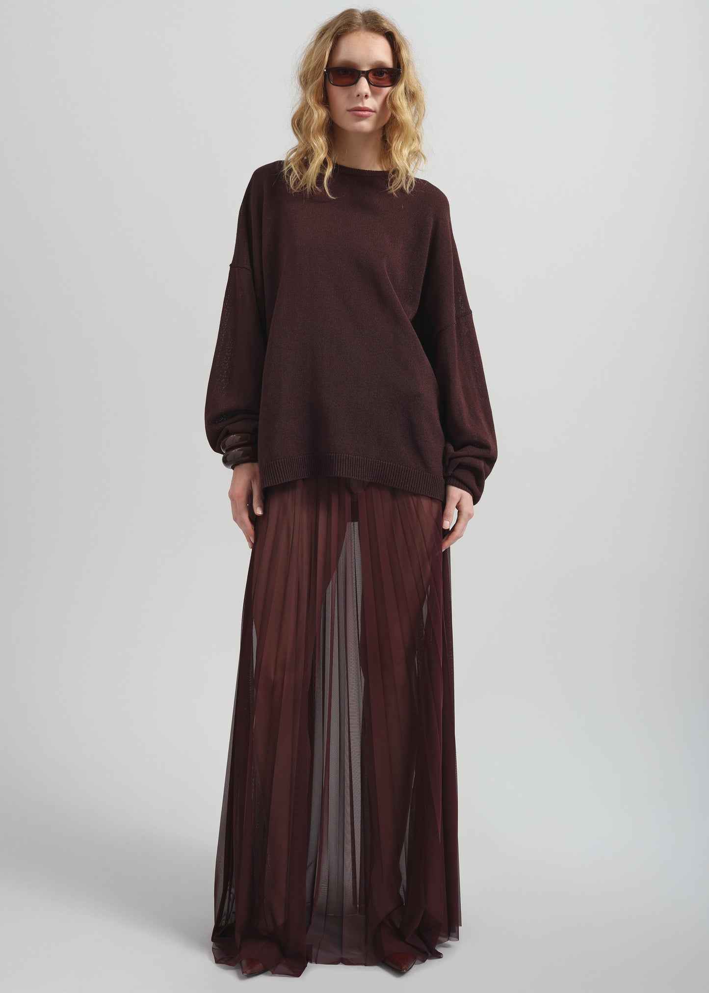 Vallen Pleated Mesh Maxi Skirt - Burgundy