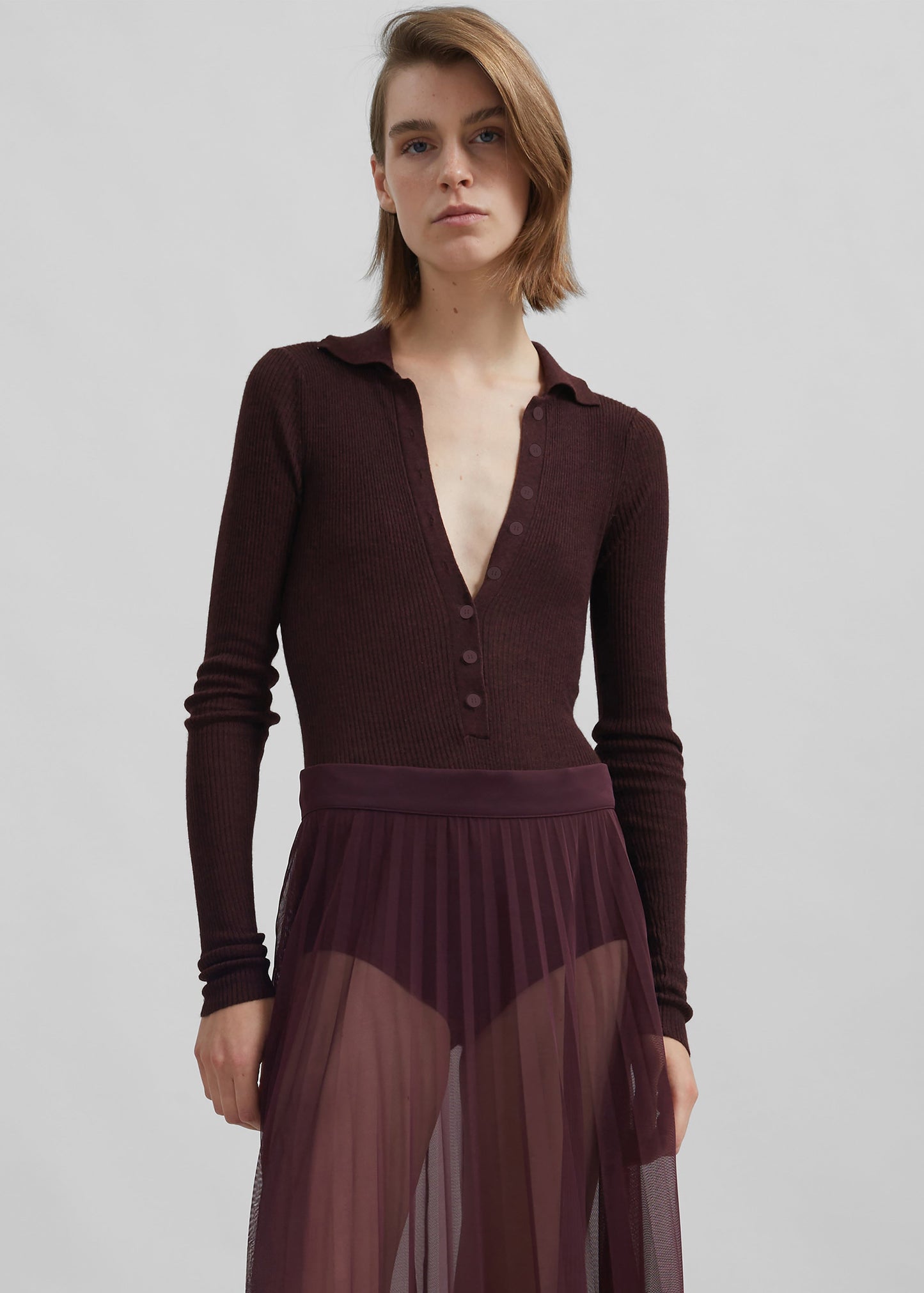 Vallen Pleated Mesh Maxi Skirt - Burgundy