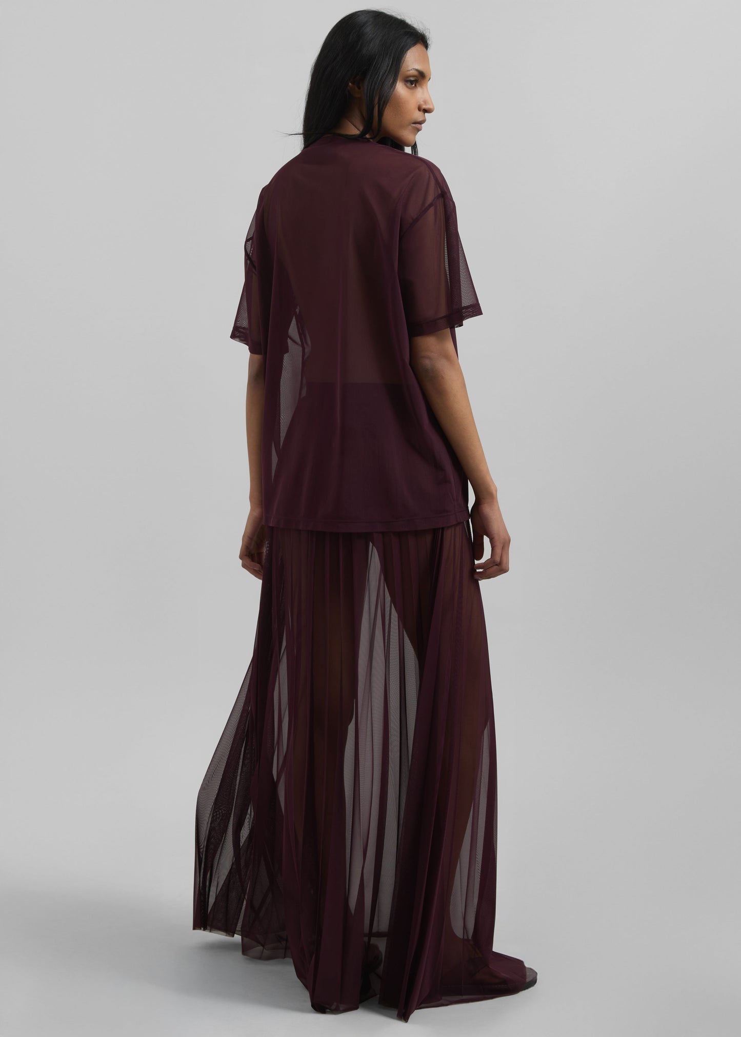 Vallen Pleated Mesh Maxi Skirt - Burgundy