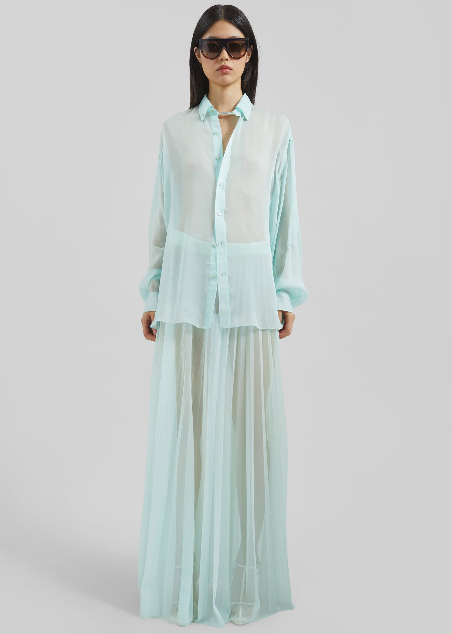 Vallen Pleated Mesh Maxi Skirt - Mint