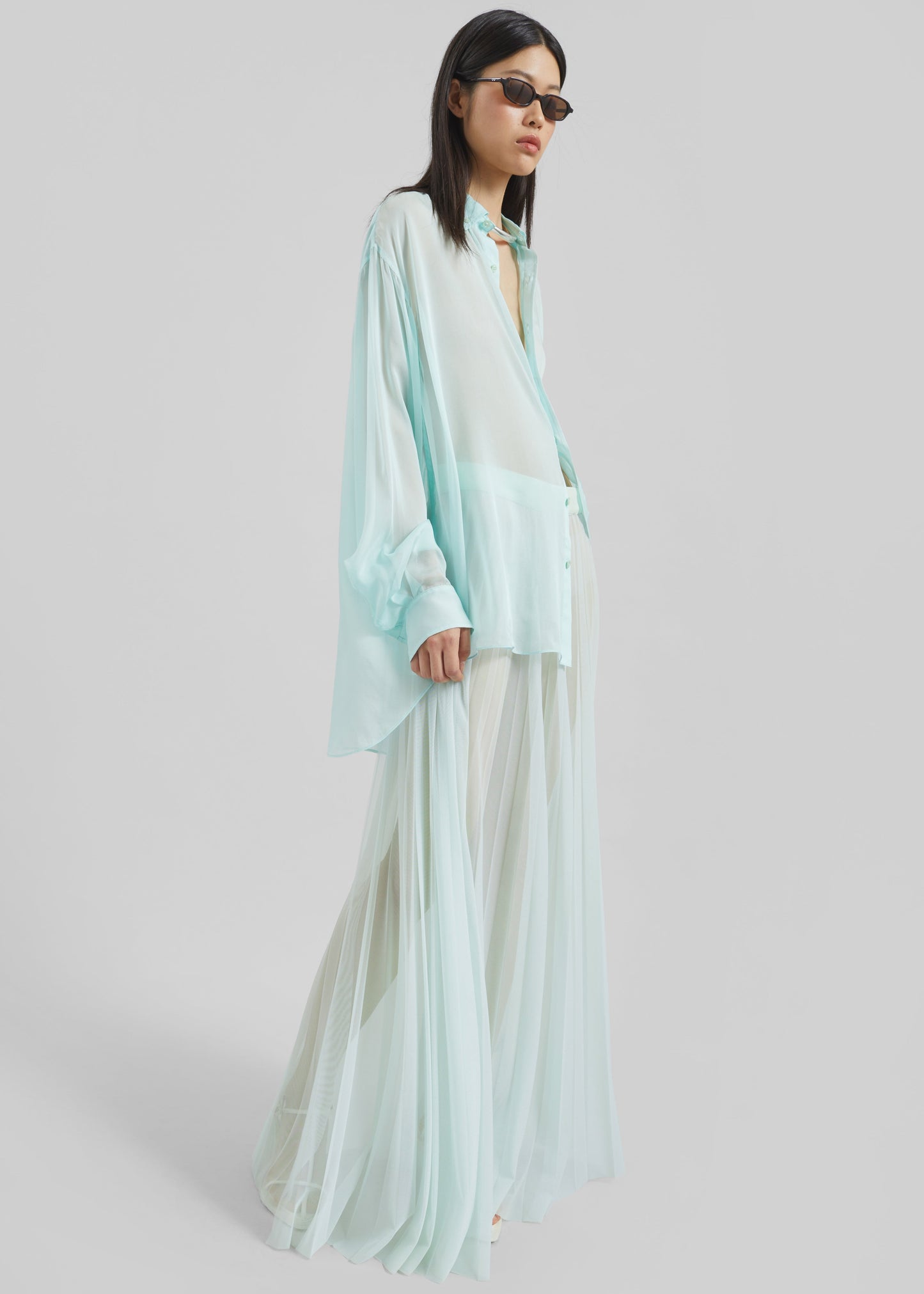 Vallen Pleated Mesh Maxi Skirt - Mint