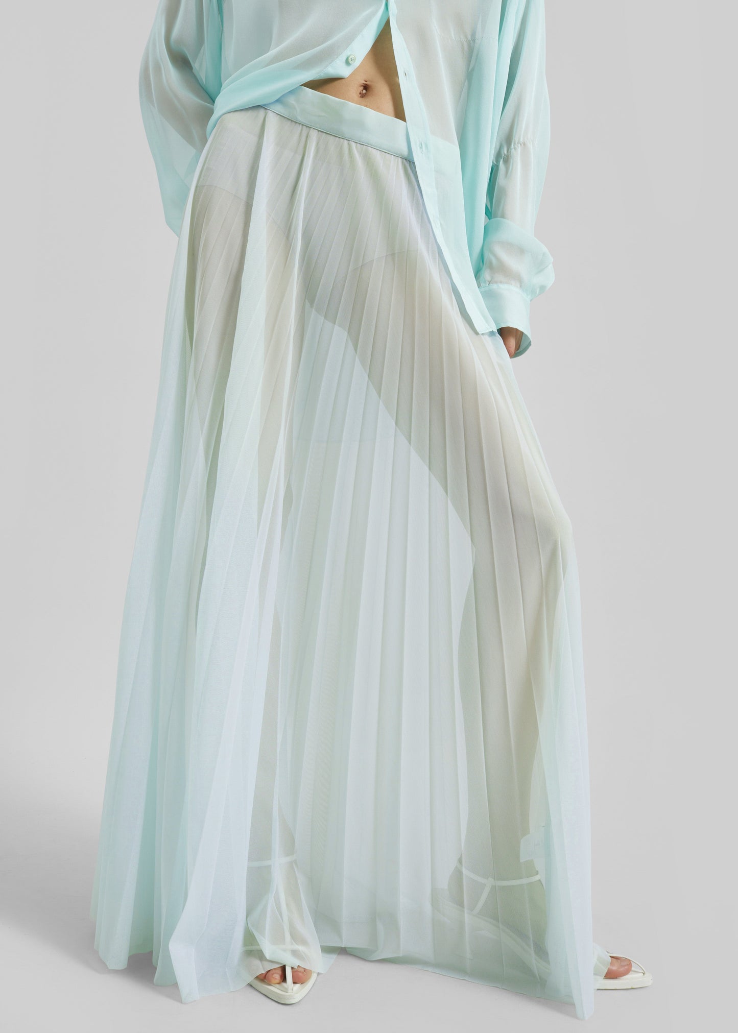 Vallen Pleated Mesh Maxi Skirt - Mint