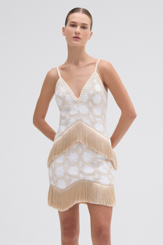NATURAL CROCHET PLUNGE MINI DRESS