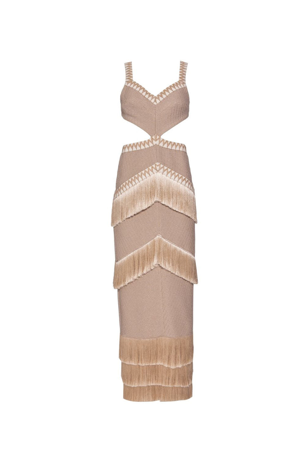 Metallic Knit Maxi Dress with Fringe Trim