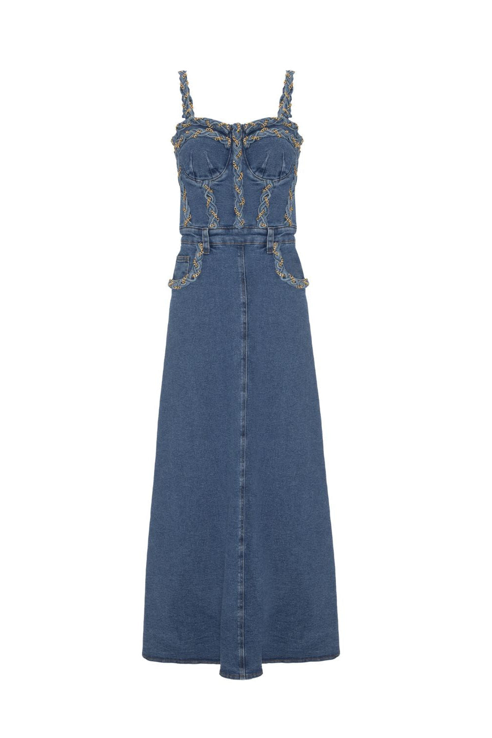 BRAIDED DENIM MIDI DRESS