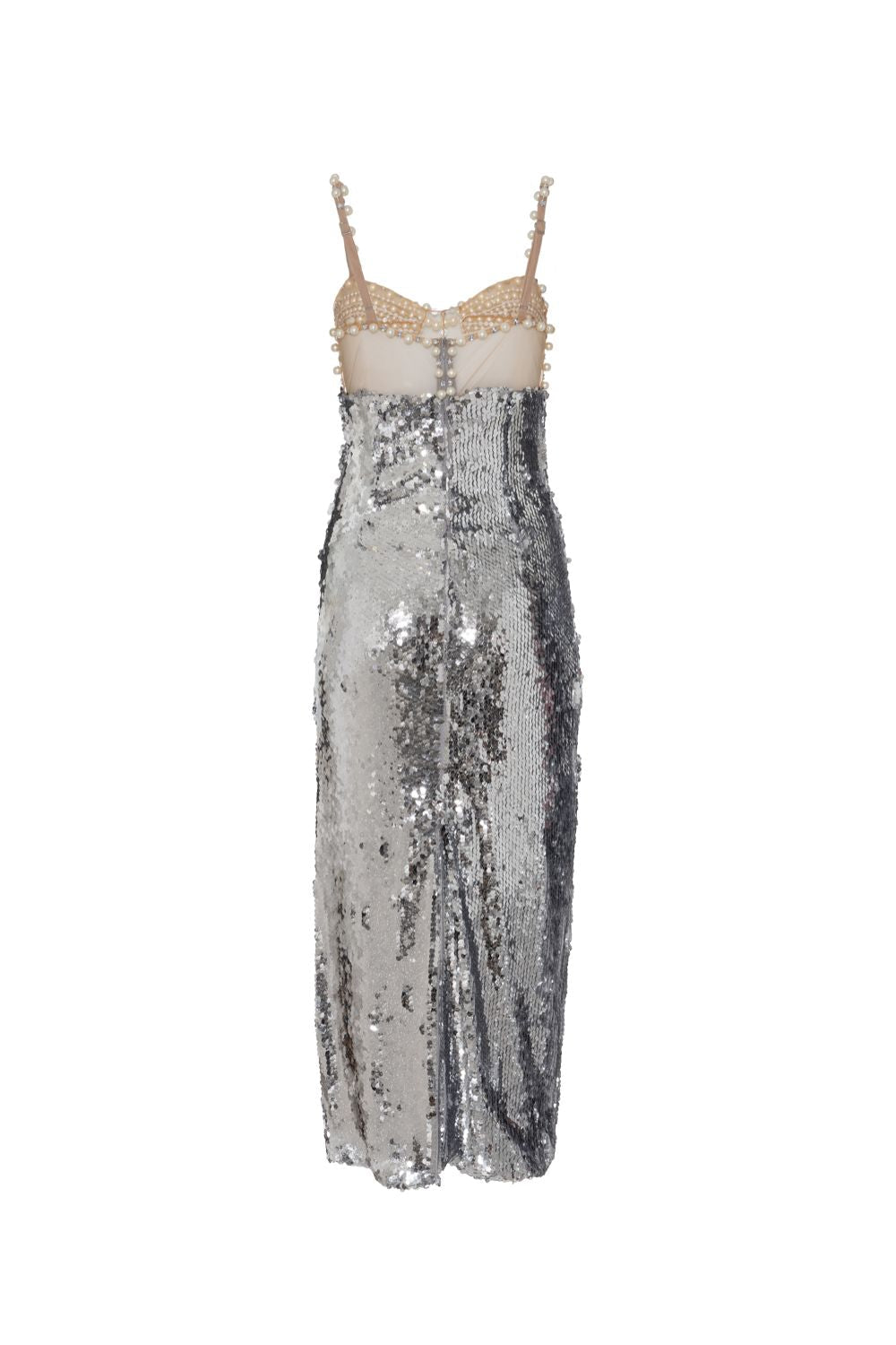 SILVER SEQUIN BEADED MIDI DRESS
