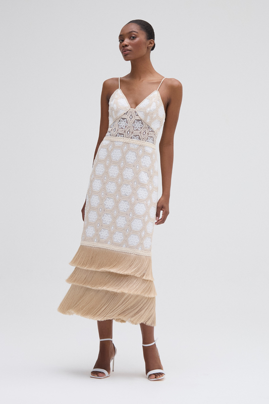 NATURAL CROCHET PLUNGE MIDI DRESS