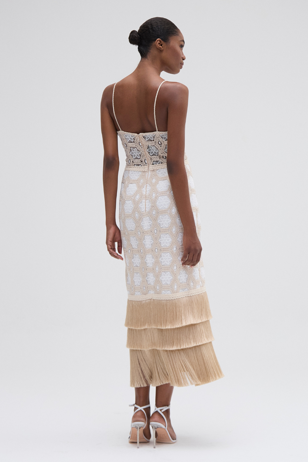 NATURAL CROCHET PLUNGE MIDI DRESS