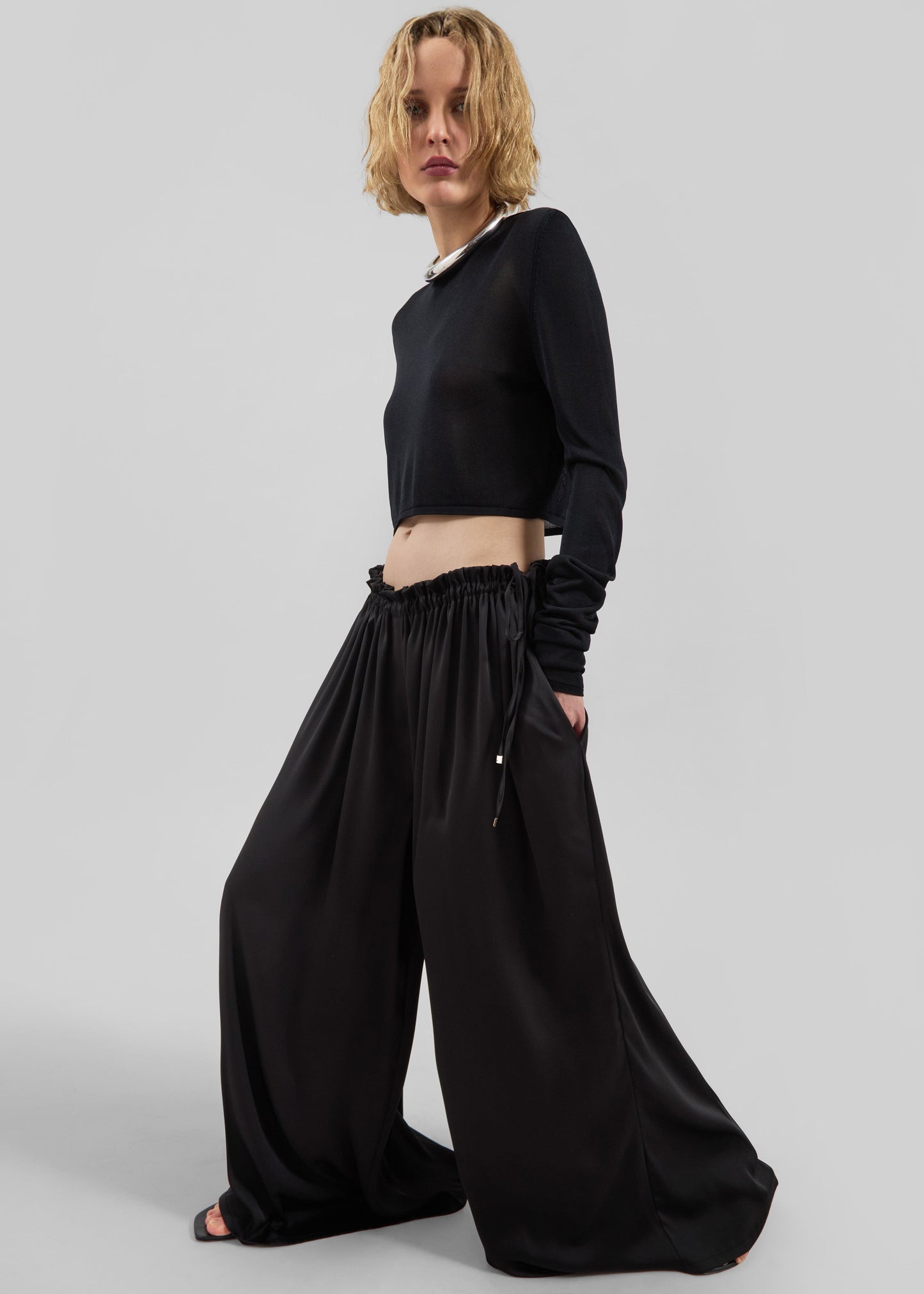 Arleth Satin Sheer Drawstring Pants - Black